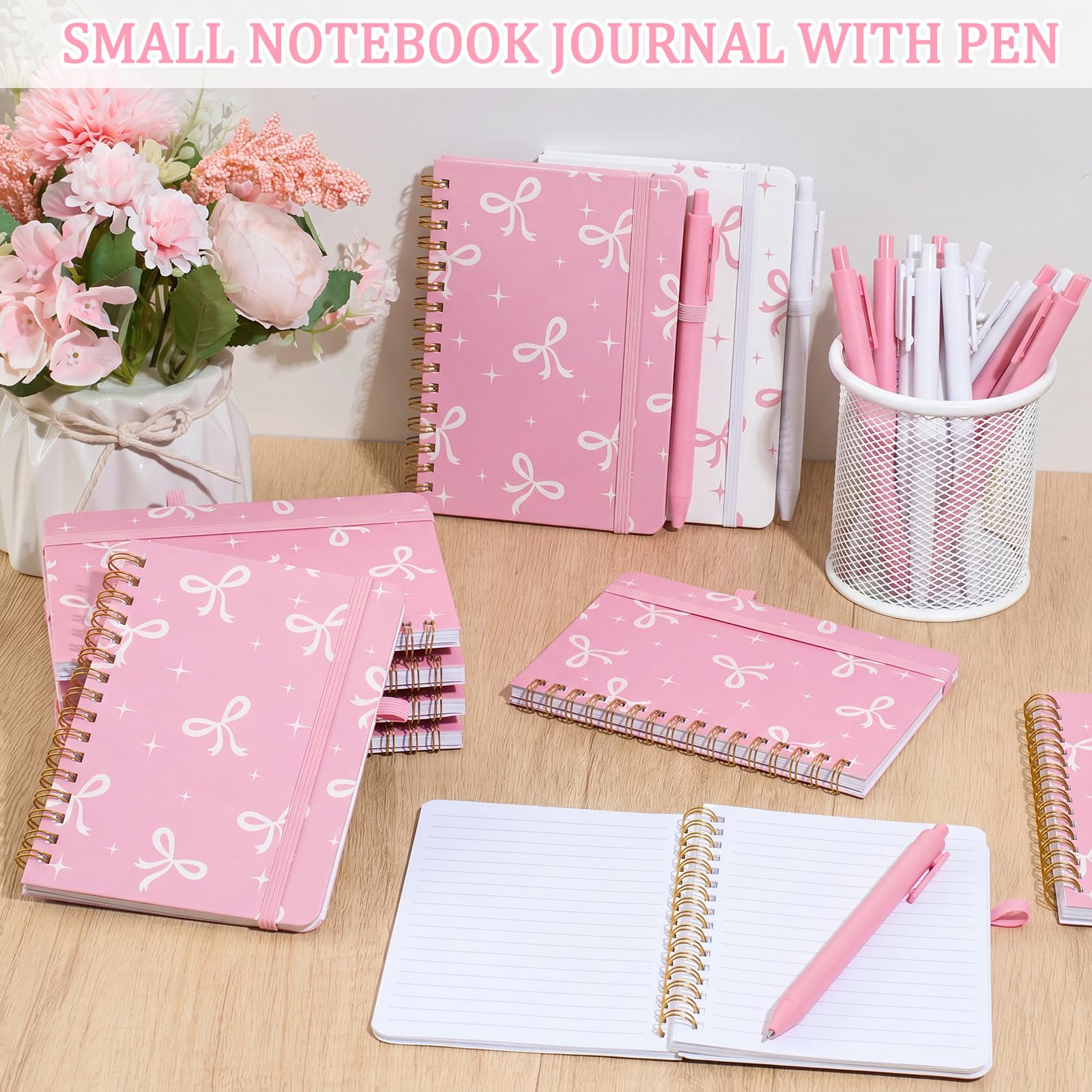 Fulmoon Set di 24 quaderni a spirale A6 con fiocco rosa con penne a sfera, 50 fogli, 10,2 x 15,2 cm, piccolo fiocco, quaderni a righe per il rientro a scuola, ufficio, regali per coquette