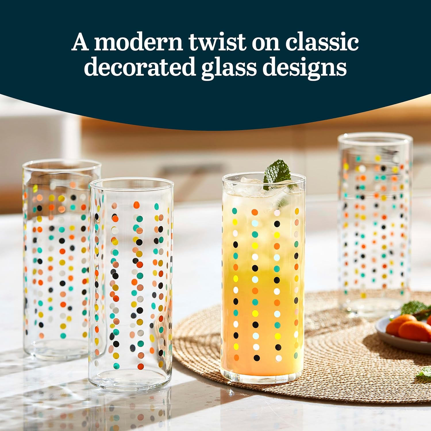 Libbey Vintage Dots Drinking Glasses Set of 4, Colorful, Retro Polka Dot Design Glass Cups Set, Dishwasher Safe Water Glasses Set for Beverages - Image 2