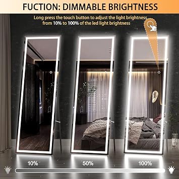 Hasipu Full Length Mirror with Lights, 56 x 15.8 LED Floor, Full Body Dressing Standing, Hanging Mounted Mirror, Square Black