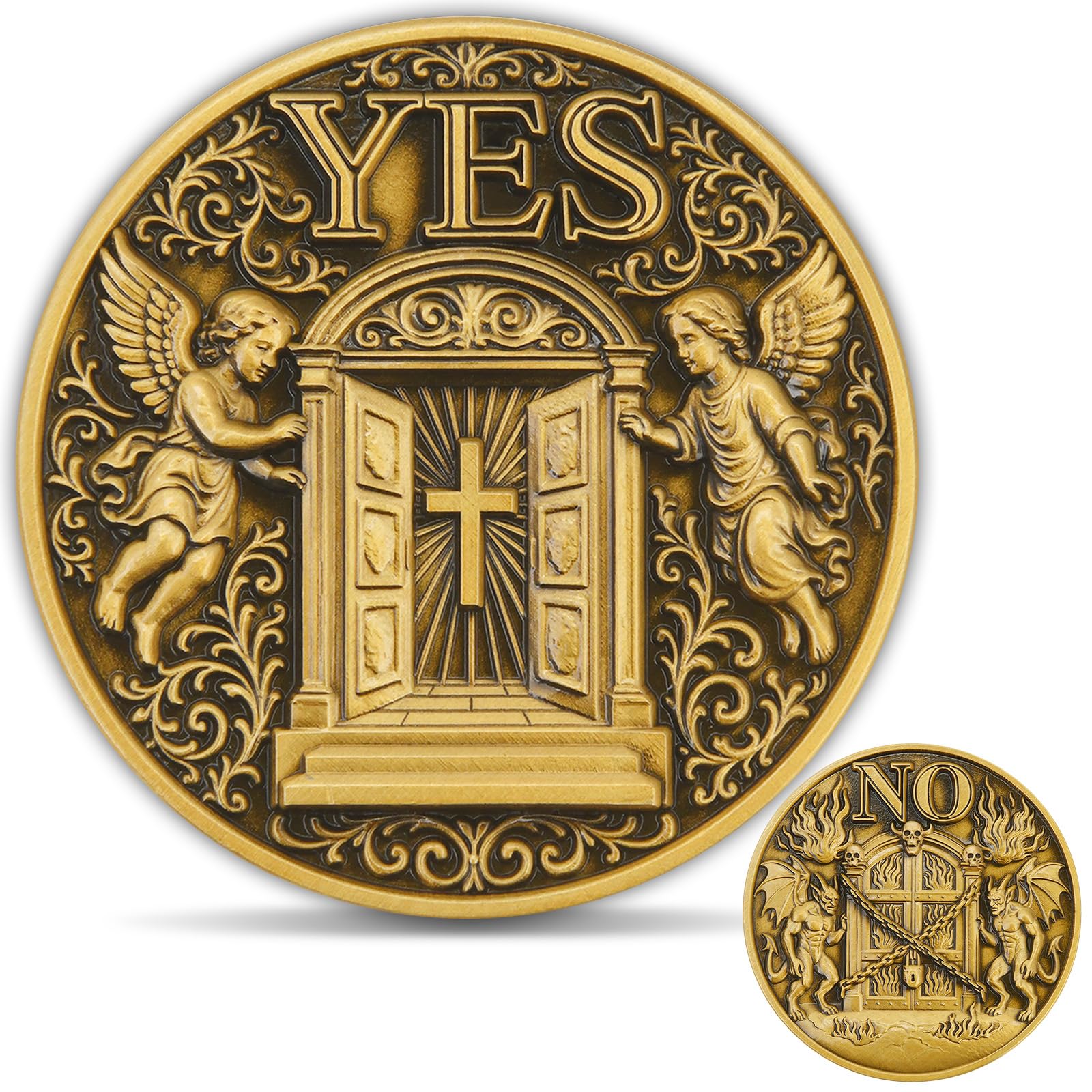 Christian Heaven and Hell Challenge Coin – Yes or No Double-Sided Token with Angels, Demons, Cross and Gates, Faith Reminder Collectible