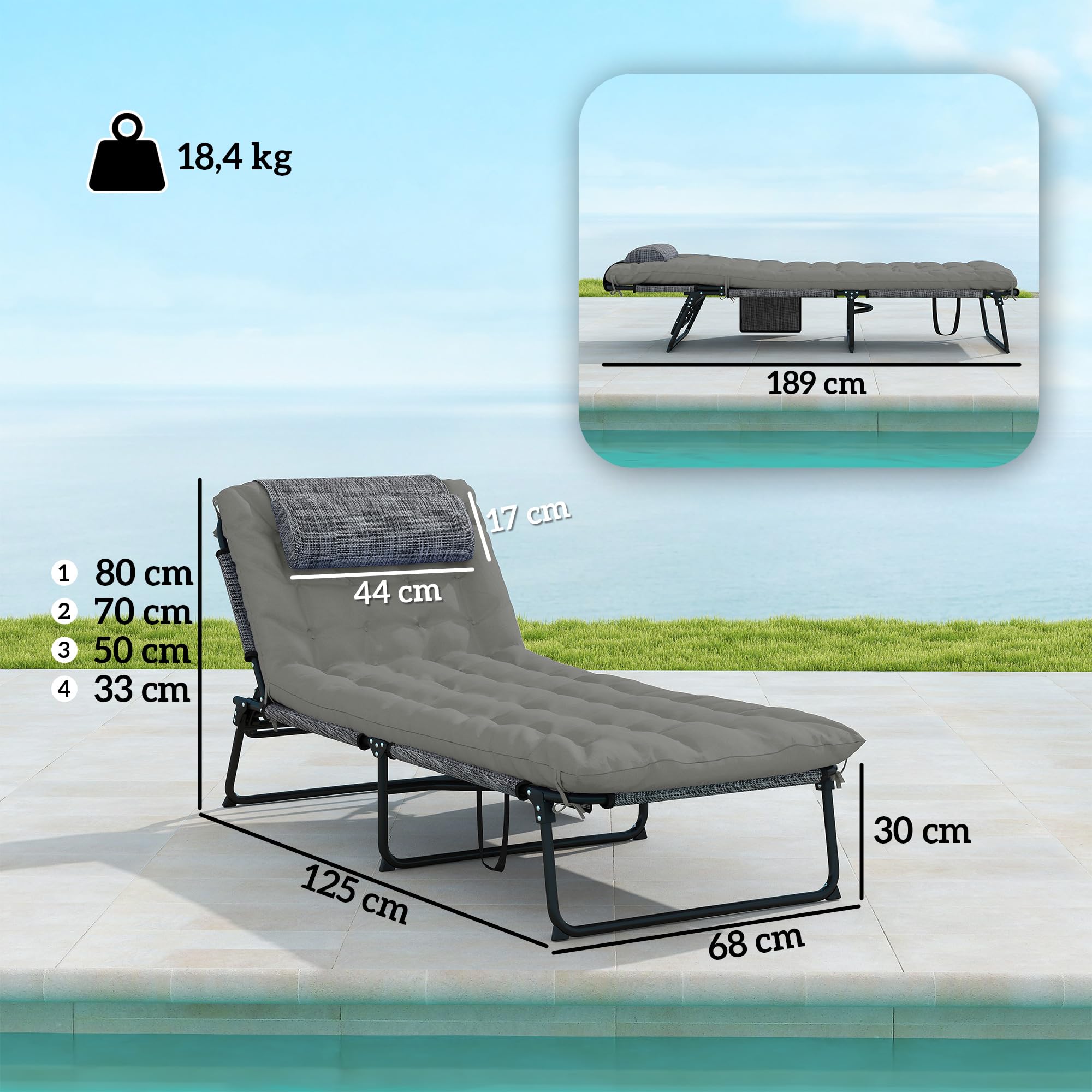 Outsunny Lot de 2 transats Bains de Soleil Pliable avec Dossier inclinable 4 Positions - Appui-tête et Matelas épais Ultra Confortable - Tissu textilène et Acier, Gris