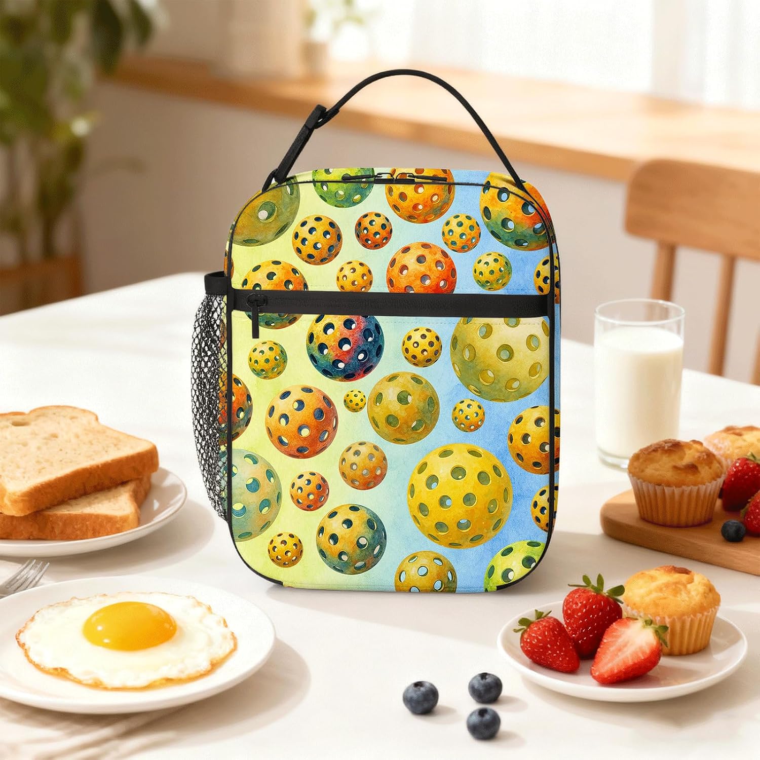 Pickleball Insulated Lunch Bag, Watercolor Lunch Tote with PEVA Liner, Mesh Bottle Holder, Buckle Handle, Portable Cooler for School Work Picnic Travel, Gift, 11.02 x 8.03 x 1.46 in, Unisex image 5