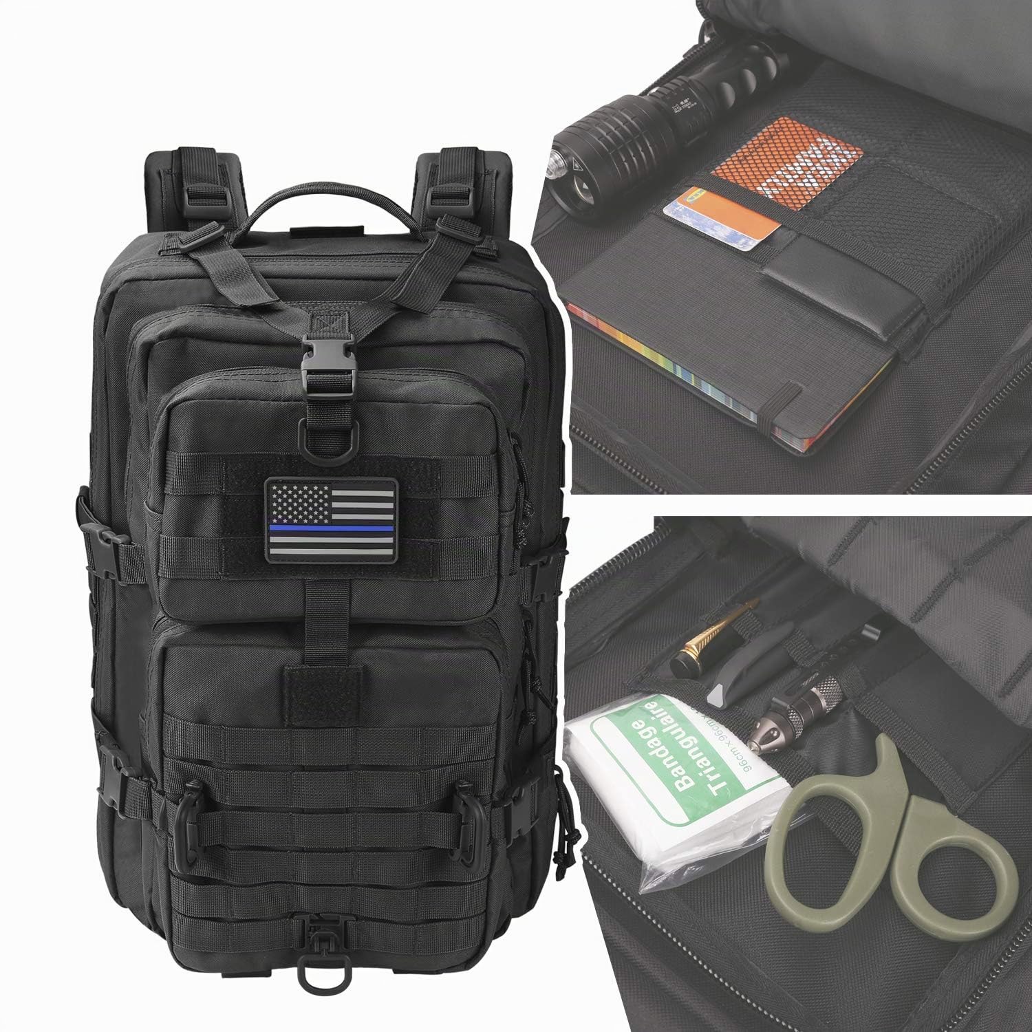 Hannibal Tactical Sac à dos Style Tactique Militaire, 40L Grand Volume Sac à Dos Multifonction, pour Randonnée, Alpinisme, Escaladed, École, Mousqueton D Forme Noir