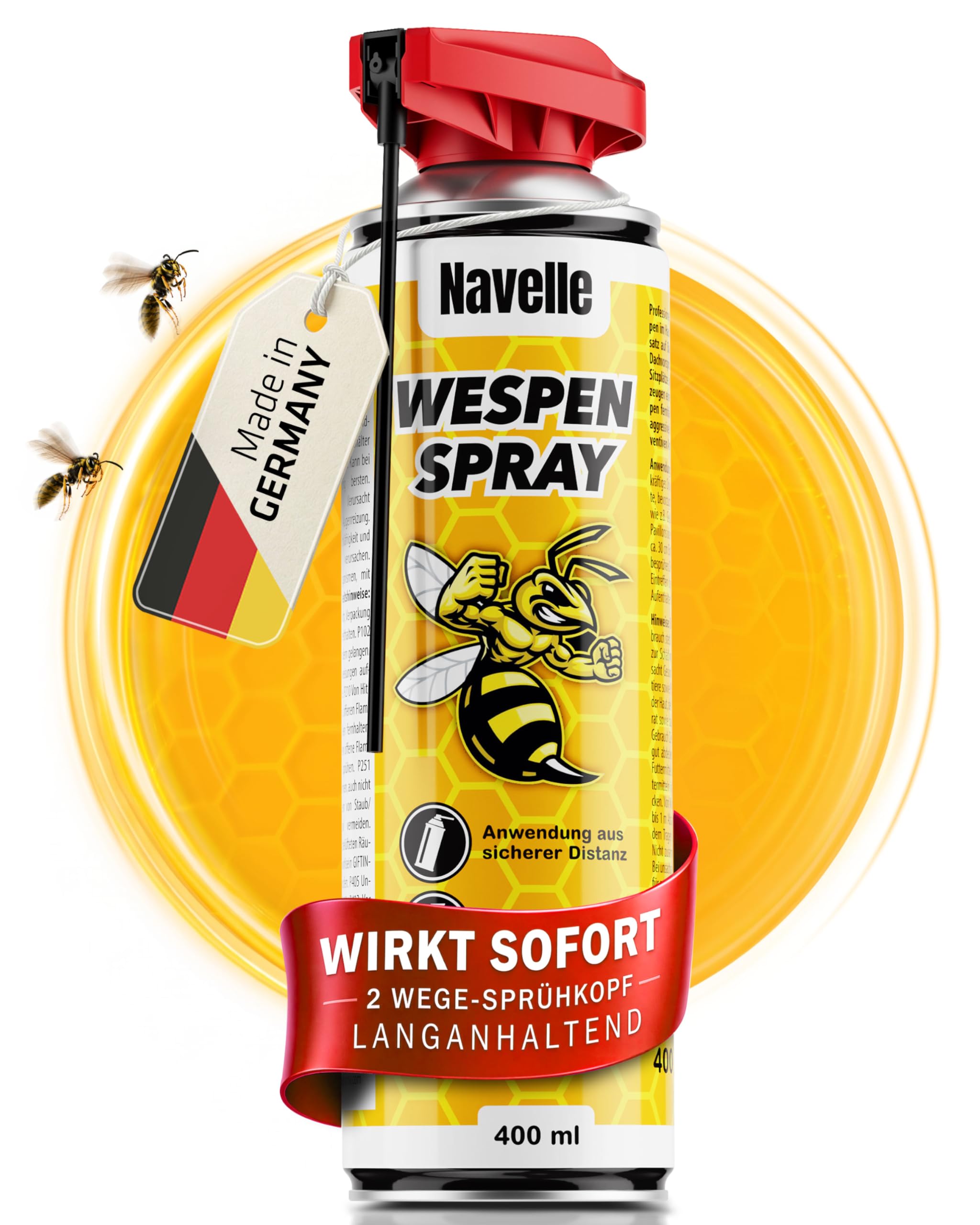 Navelle Wespenspray – Effektive Wespenabwehr & Nestbau-Stopp – Profi 2-Wege Sprühkopf für Präzision & Reichweite – 400ml Insektenspray gegen Wespen & Spinnen – Ideal für Terrasse, Balkon & Garten