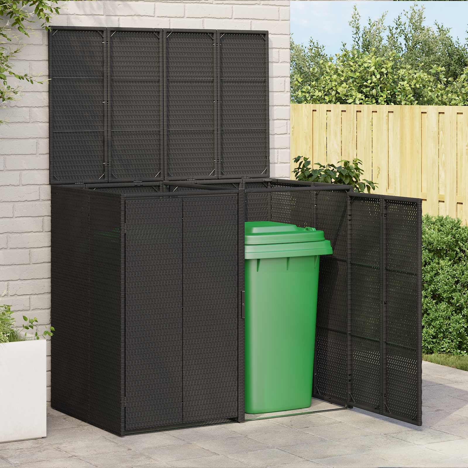 Mülltonnenbox 2 Stück Schwarz 130 x 80 x 115 cm Polyethylen mit Rattangeflecht pulverbeschichtet für Außenbereich Terrasse Gartenlagerung