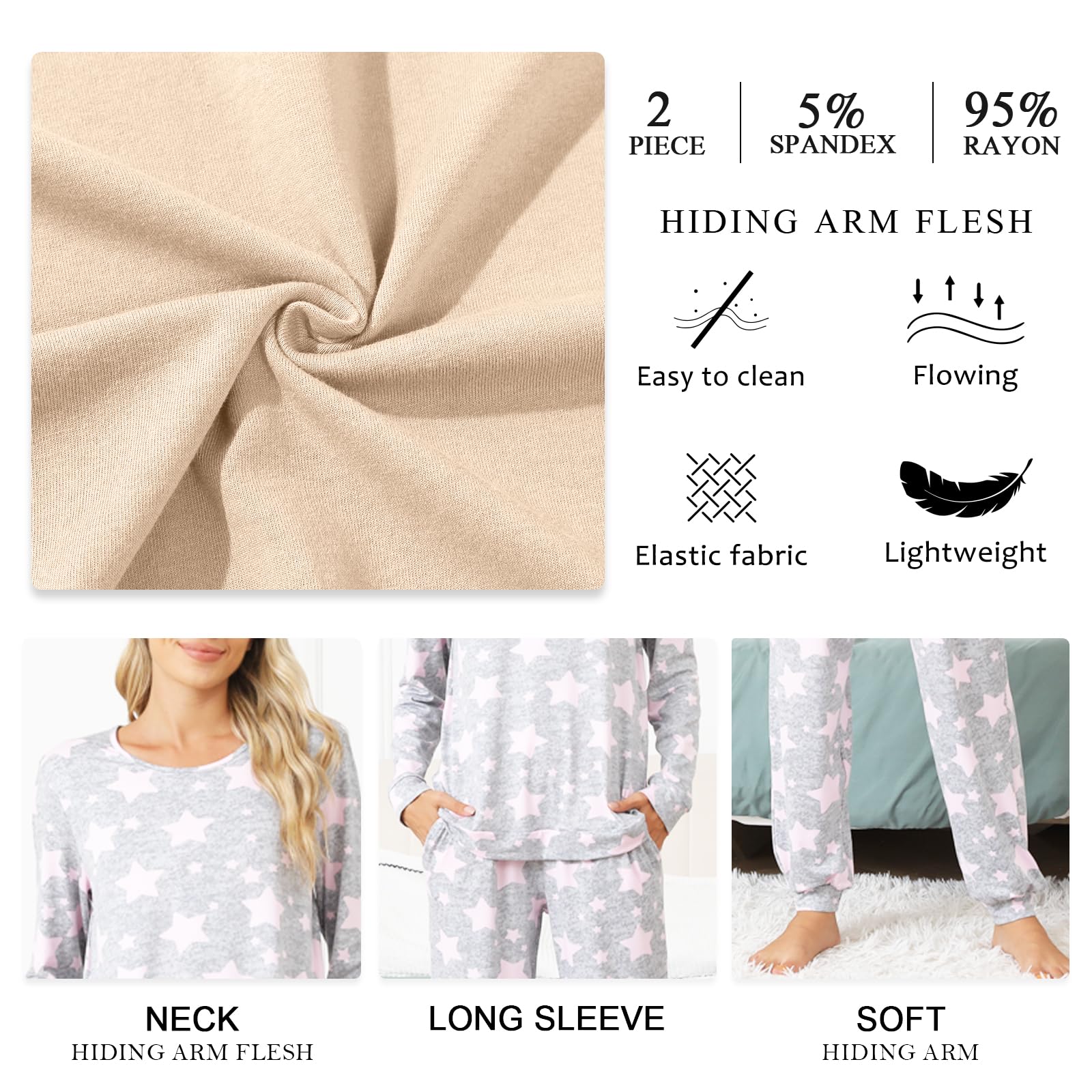 syoss Womens Pajama Set Long Sleeve Sleepwear Fall Round Neck Nightwear Soft Pjs 2 Piece Lounge Sets with Pockets