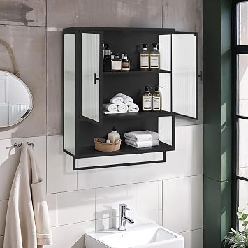 Tempered Glass Door Medicine Cabinet, Black Bathroom Cabinet Wall Mounted with Open Shelf and Towel Rack for Kitchen, 23.6" Small Medicine Cabinet Over The Toilet