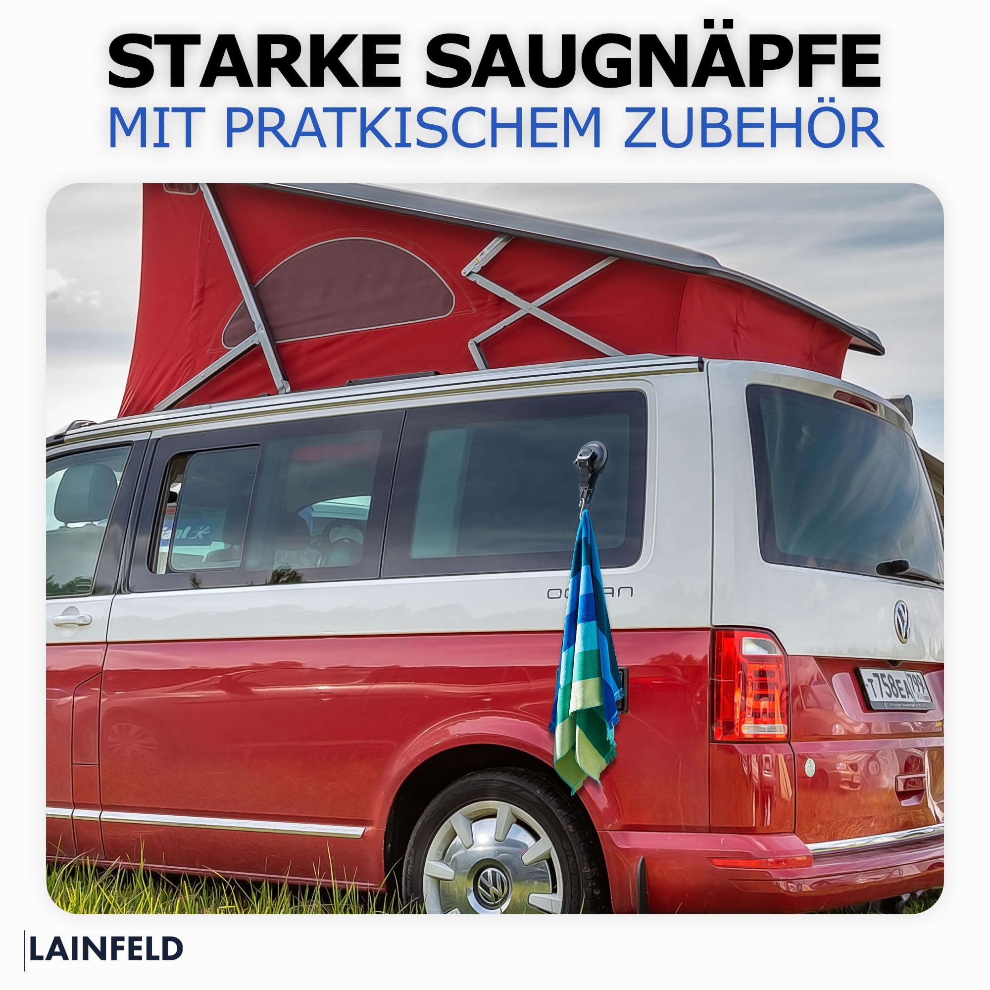 LAINFELD Saugnapf Haken | 4er Set mit Karabinerverschluss und großen Haken | Extra stark | Große Saugnäpfe für Camping, Auto, Balkon | Saughaken
