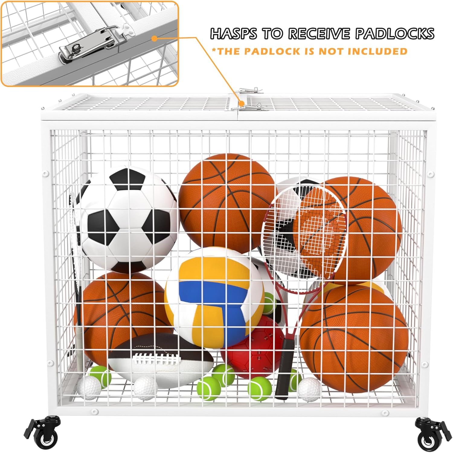 Ball Cart Garage Sports Equipment Basketball Organizer with Lockable Lid, Basketball Storage Bin for Indoor Outdoor, Rolling Exercise Ball Holder for Gym, School, Club