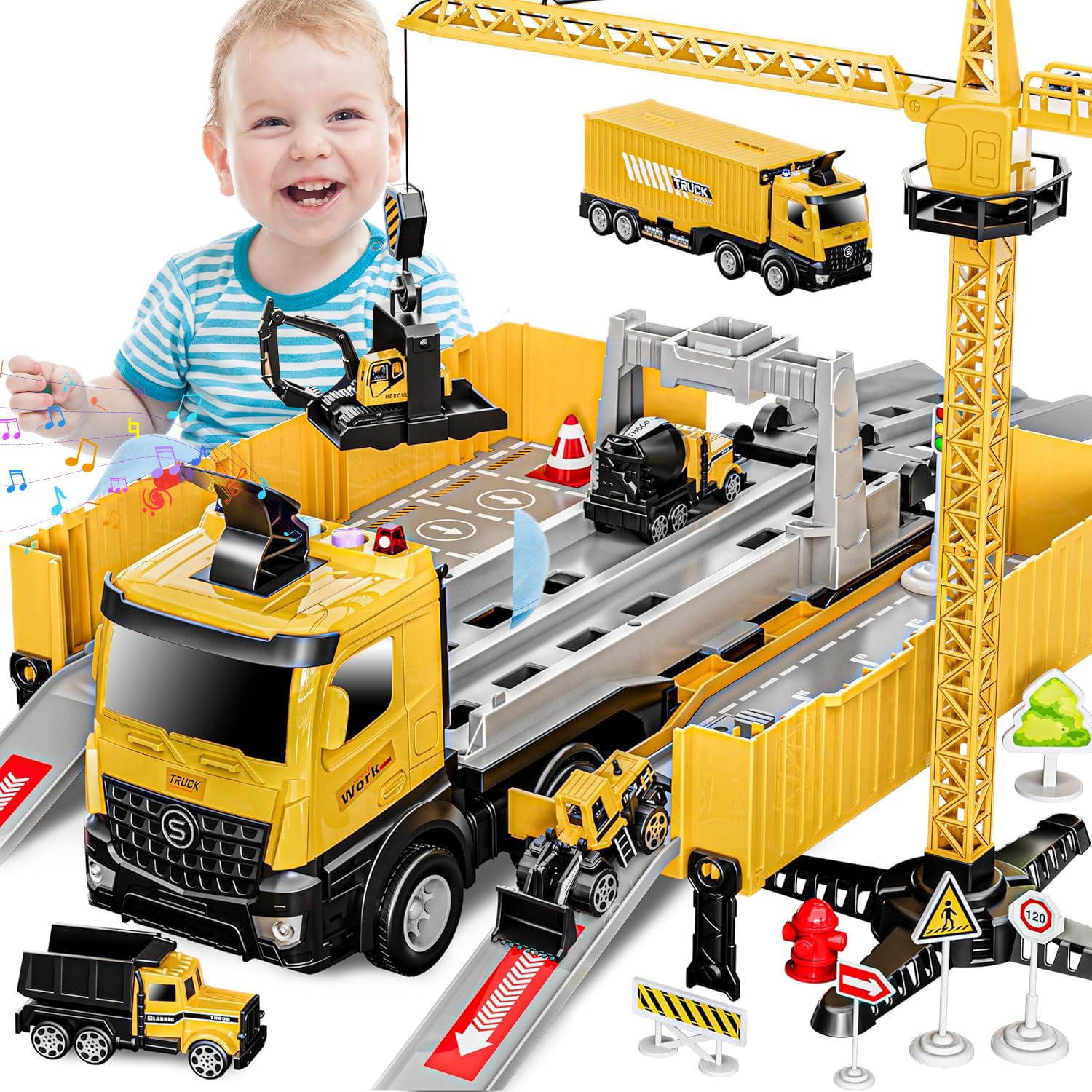 Construction Toys Truck Crane for Kids - Truck Race Track Kids Toy Eject Car Set Excavator Bulldozer Dump Trucks Cement Truck Vehicle Easter Christmas Birthday 2+ 3 4 5 6 7 8 Years Old Boy Girl Gift