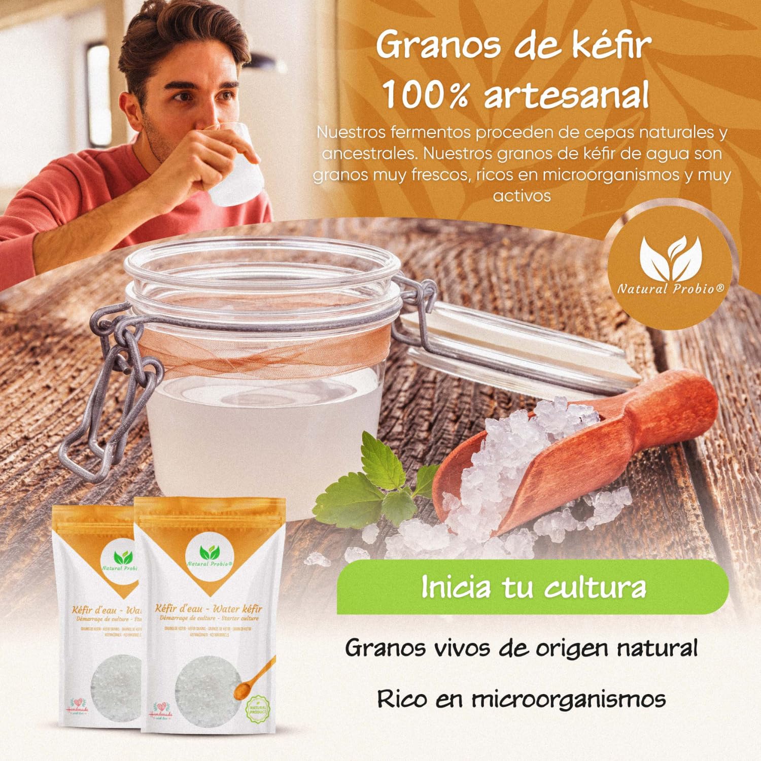 Natural Probio® Kéfir de agua - Kit de inicio de cultivo - Granos de kéfir de frutas + Instrucciones completas, receta y consejos + Acceso a Ebook y recetas (10g deshidratado / 60g rehidratado)