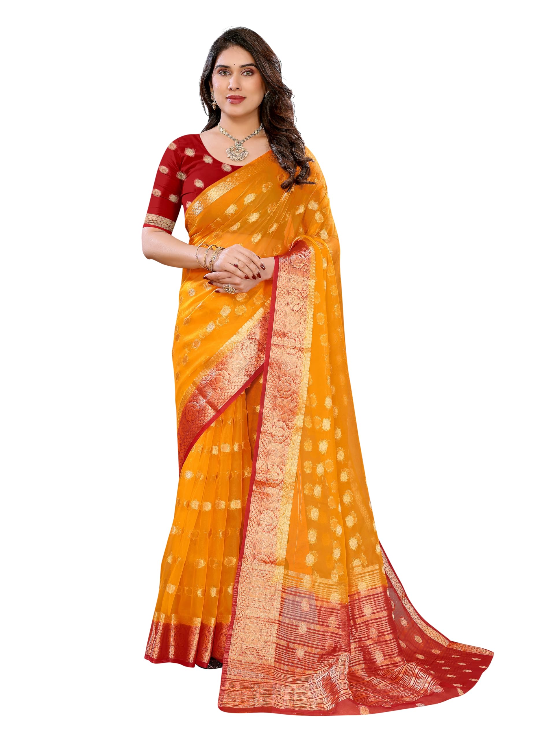 hema silk mills Women's Red Organza Saree with Embellished Motifs - Festival Wear Org_Butti Yellow Red-picture-0