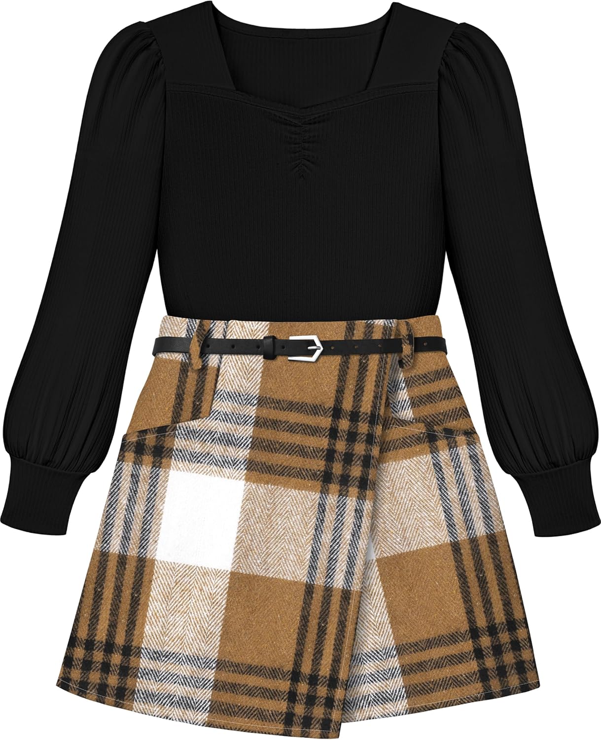 Doumlop Girls Skirt Set 3 Piece Outfits Long Sleeve Tops and Plaid Mini Skirt Shorts with Belt Fall Winter Clothes