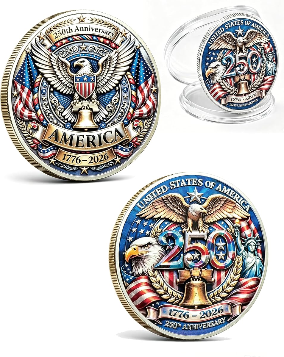 Moneda conmemorativa del 250 aniversario de EE. UU. Moneda de desafío de doble cara | Moneda de alto relieve en 3D con funda protectora transparente, regalo coleccionable de veterano patriótico, aleación espesada antibarniz