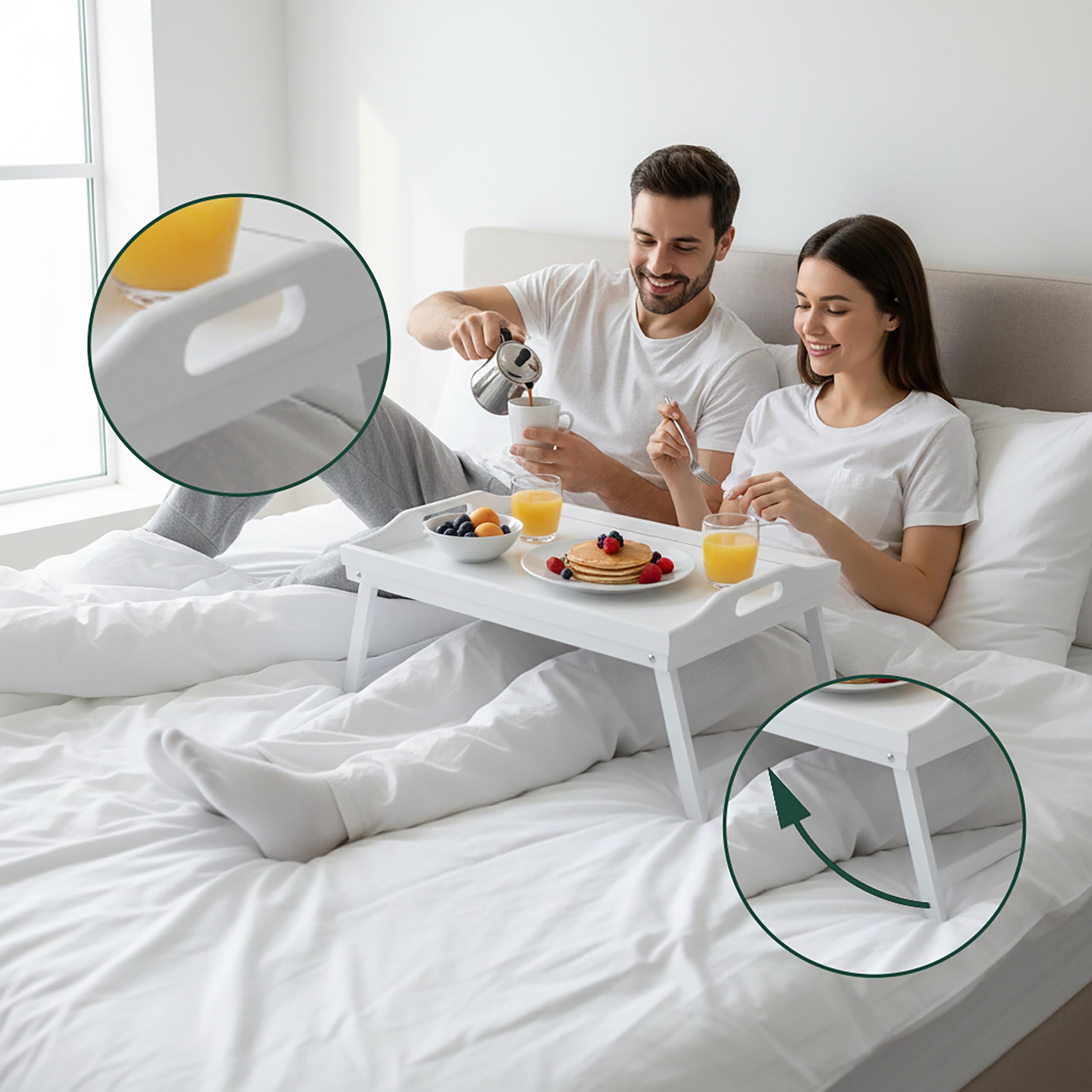 Vassoio da Letto Relaxdays, bambù, HxLxP: 20 x 50 x 30 cm, con Piedini, Maniglie, Colazione in Letto, Bianco