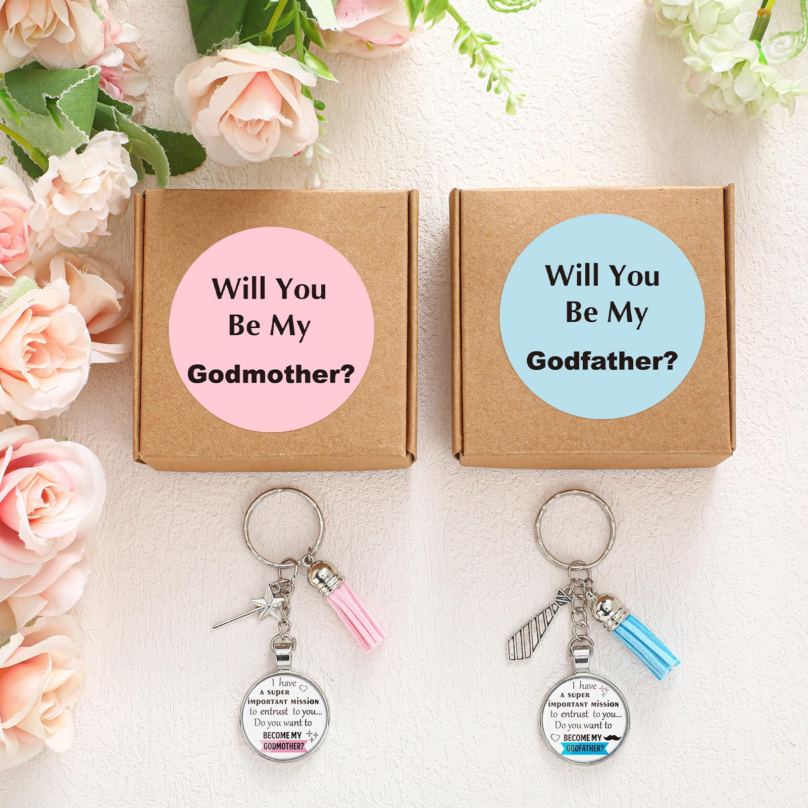 Ecation 2 Set Will You Be My Godparents (Godmother and Godfather) Godparents Proposal Gifts Godmother and Godfather Proposal Appreciation Keychains Gifts with Box for Godmother and Godfather