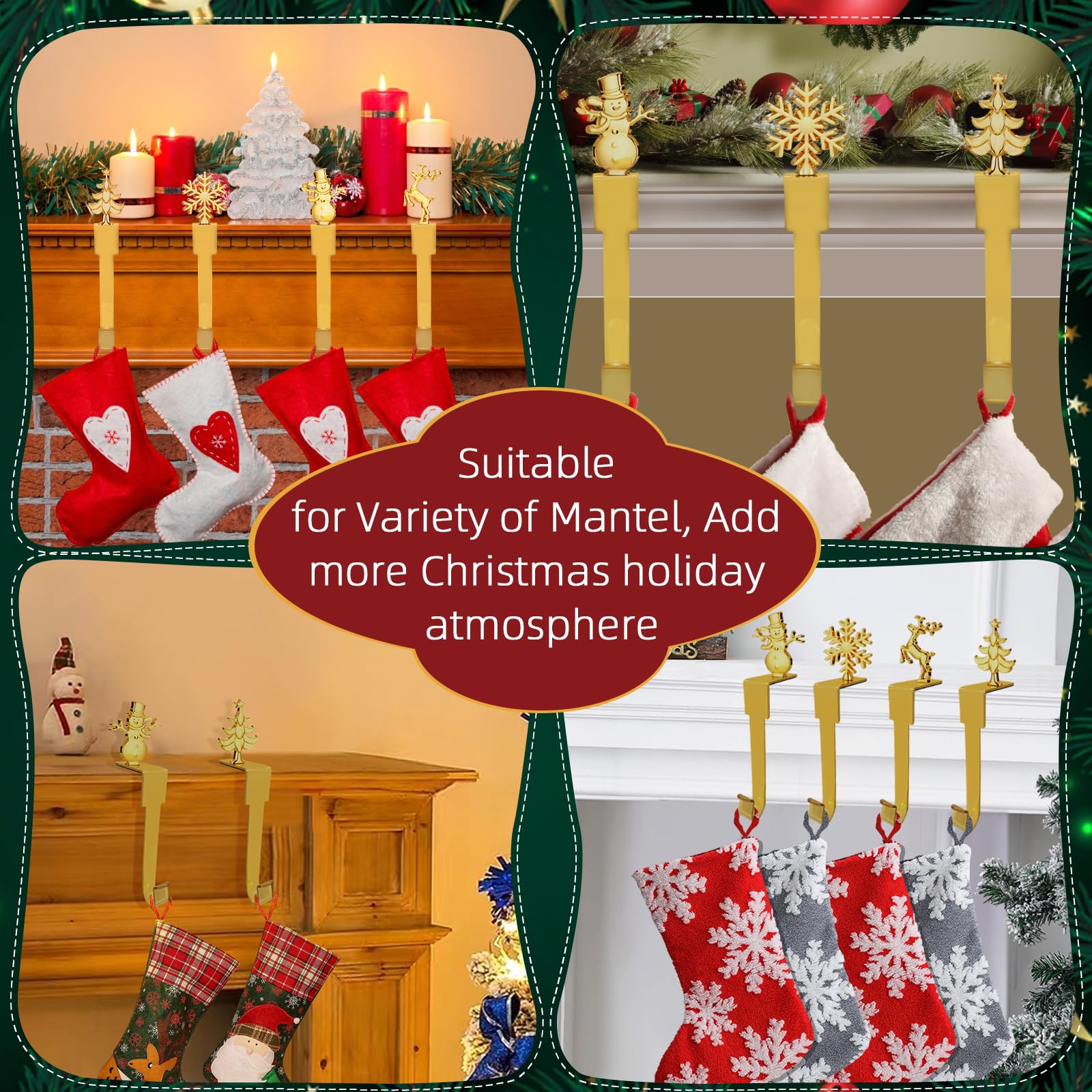 Juego de 4 soportes para calcetines de Navidad para chimenea, ganchos de metal dorado para calcetines de Navidad para chimenea, ganchos para calcetines de Navidad familiares