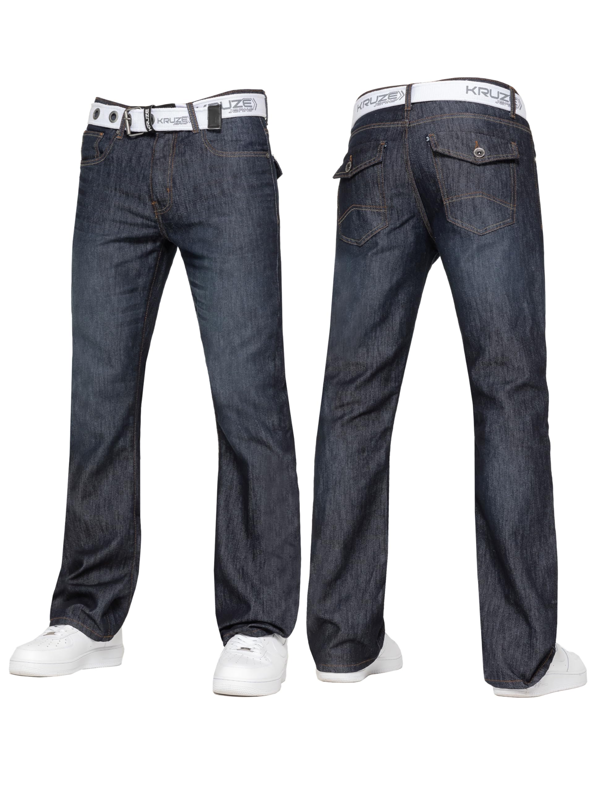 Brand Kruze Men's Dark Blue Bootcut Jeans Casual Flared Wide Leg Free Belt Stylish Fashion Denim Trouser Pants Kz115 34W / 30L
