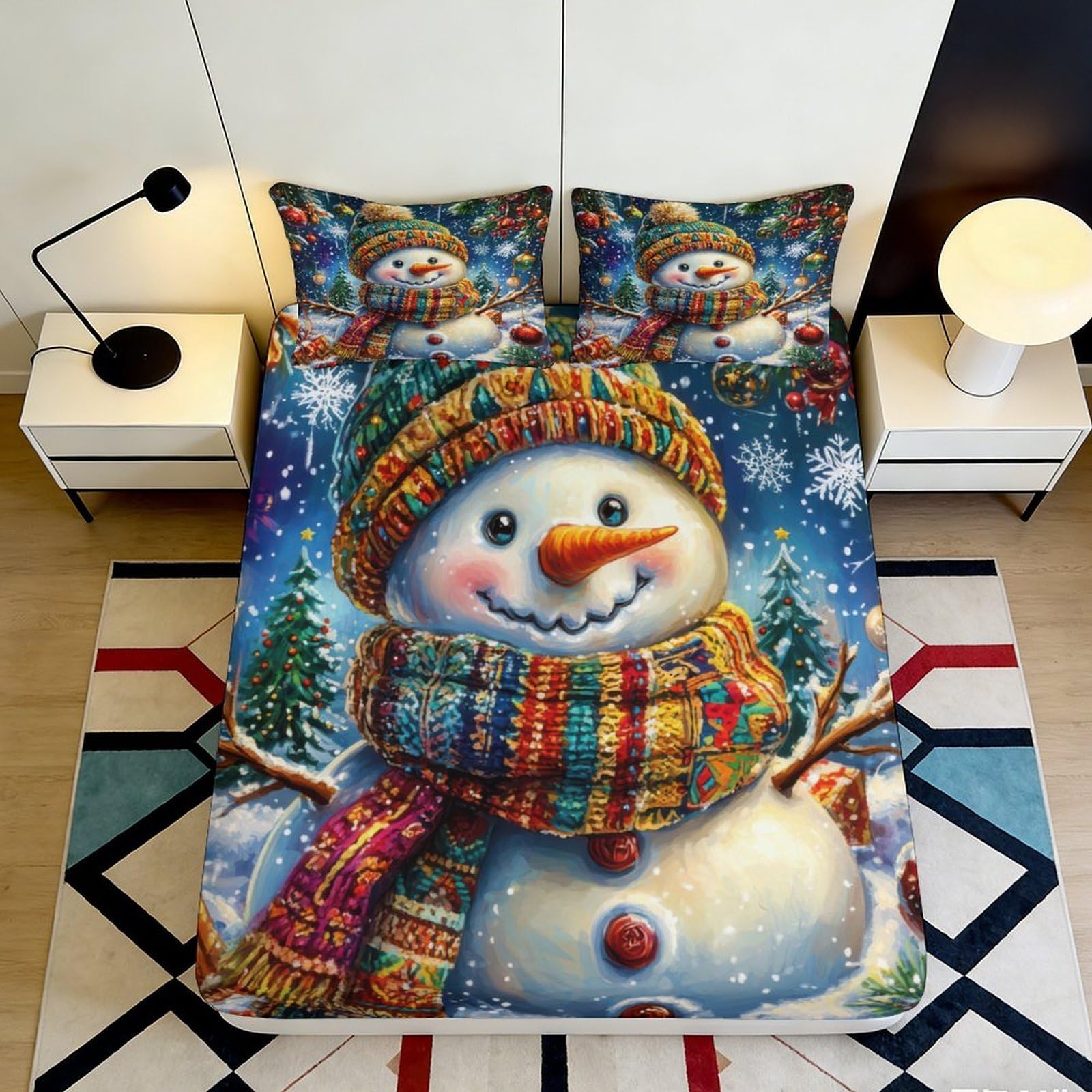 3D Printed Snowman Fitted Sheet Microfiber Soft Colourful Winter Scarf Bed Cover for Bedroom Guest Room Decor 90x200x25cm