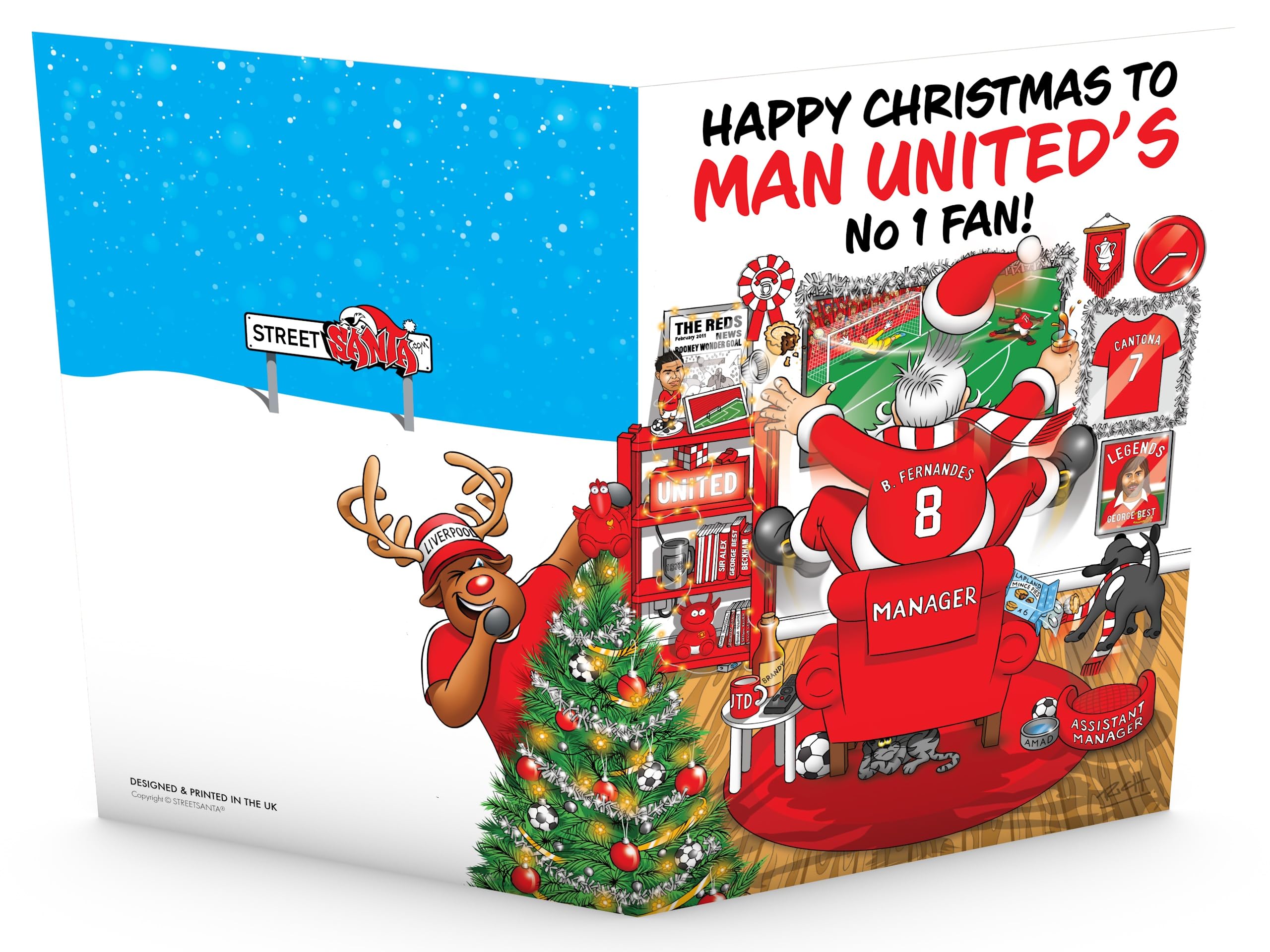 Football Christmas Card for Man Utd Fans Pack of 6 Cards Santa Jumping Out of Chair to Support Team Funny Rear of Card Showing Rudolph Supporting Rival Club Large A5 Made in UK - Image 4