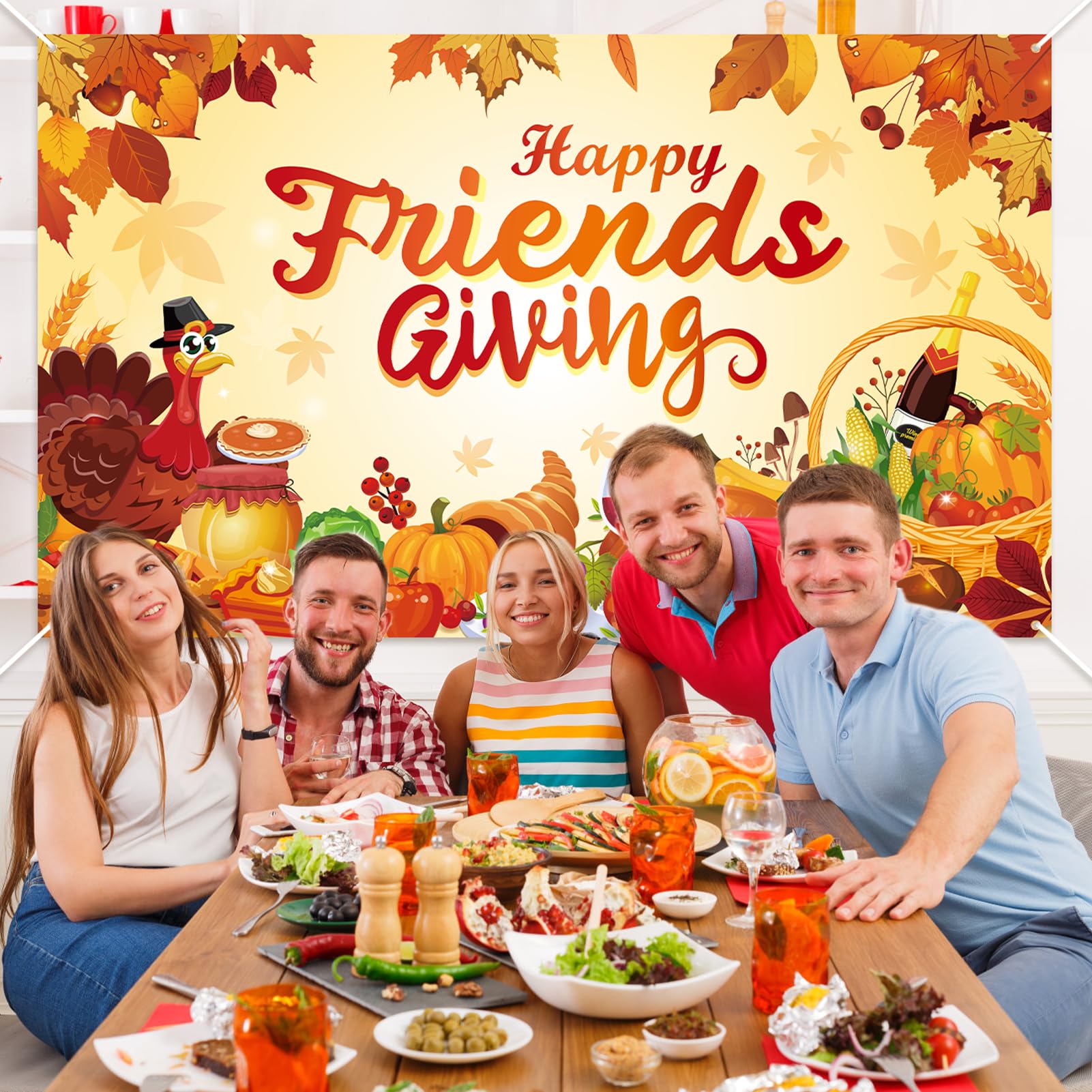 Happy Friendsgiving Hintergrund-Banner Aus Stoff – 185x110 Cm – Herbst-Deko Mit Truthahn & Kürbis Für Thanksgiving-Partys