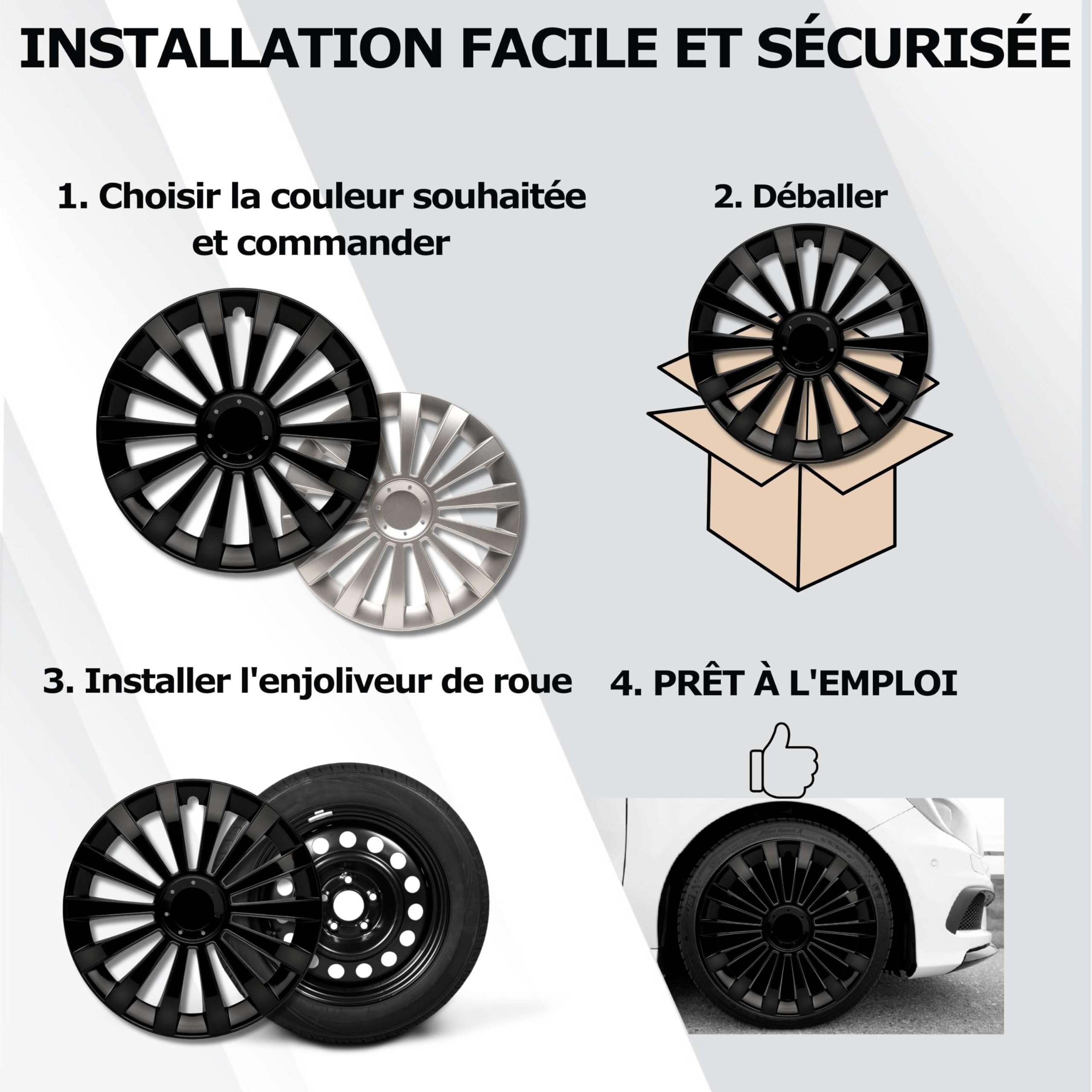 Kuglo Meridi 4 enjoliveurs 16 Pouces Noir pour Jantes Acier