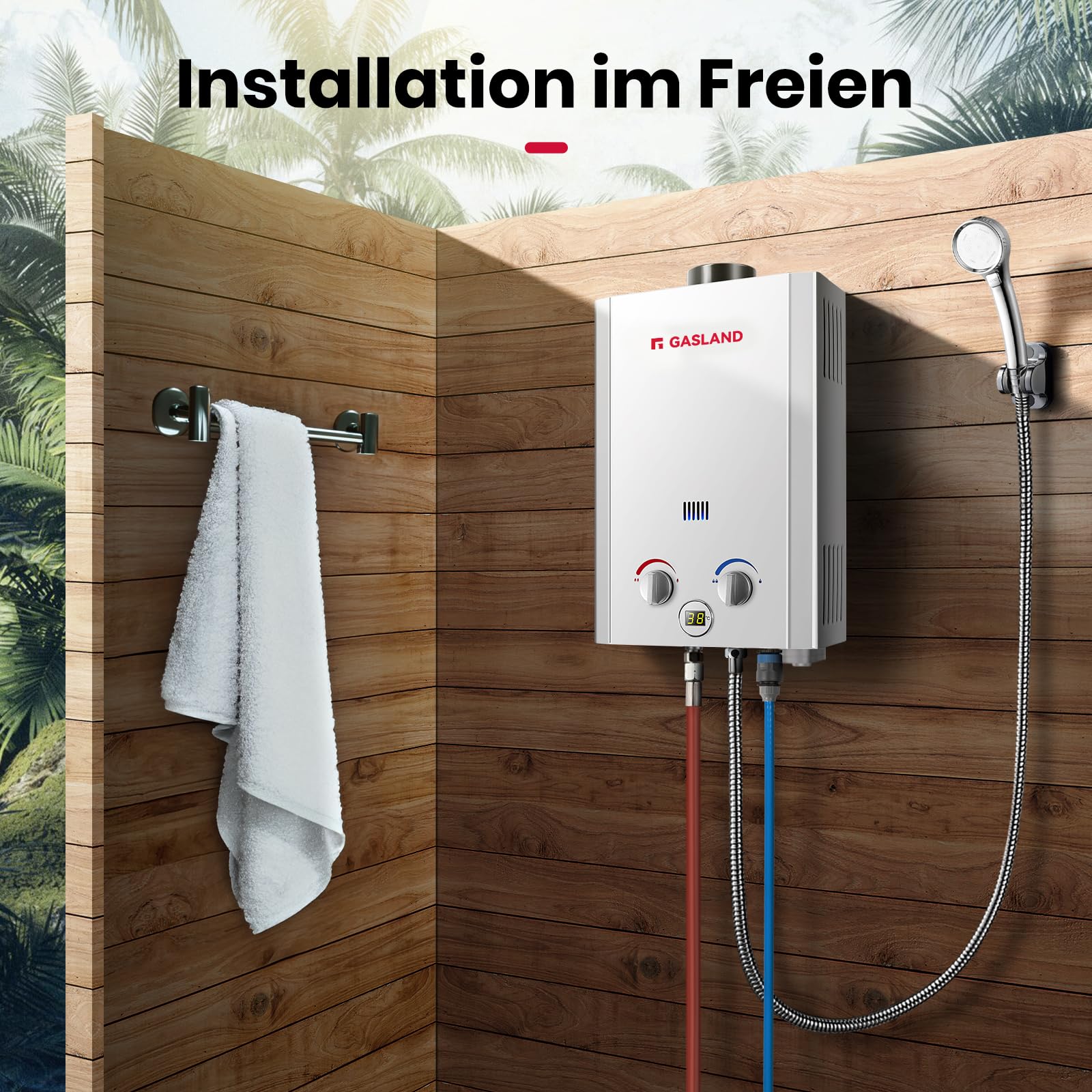 GASLAND BE264 Gas Durchlauferhitzer Propangas 10 Liter Camping Durchlauferhitzer Gastherme 50mbar Campingdusche Warmwasser mit Überhitzungsschutz für Wohnmobil Hütte Scheune