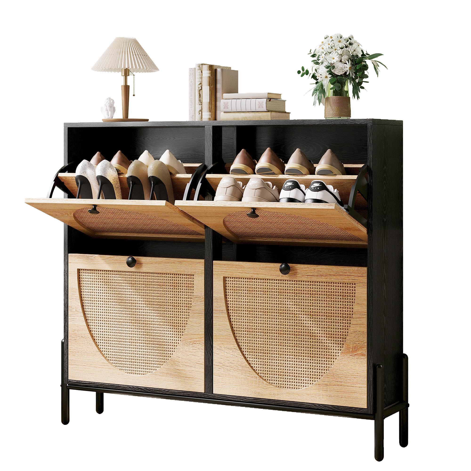 IRONCK Rattan Shoe Cabinet With 4 Flip Drawers, Storage for Entryway, Freestanding Organizer With Metal Legs, Narrow Rack, Black