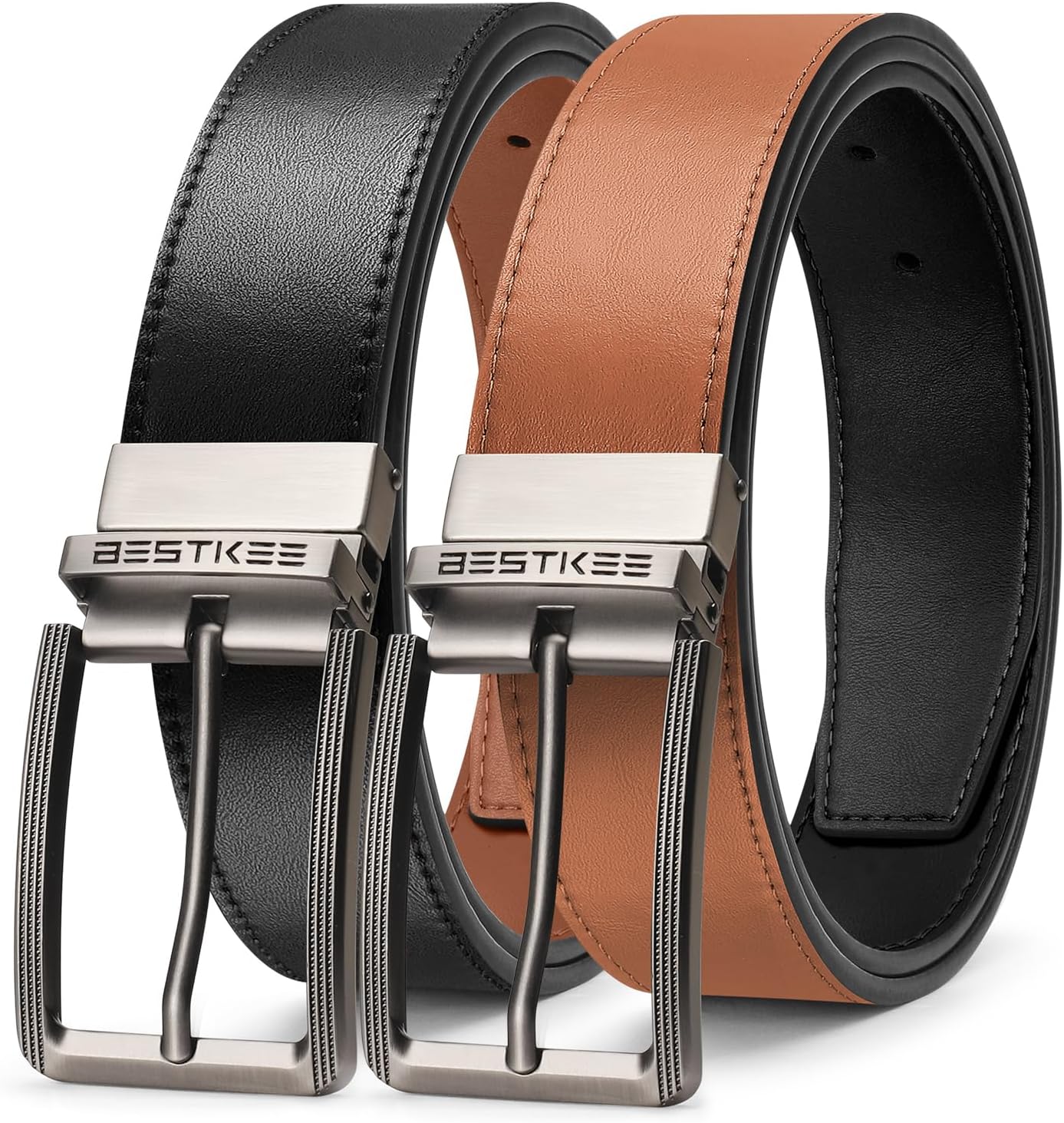 BESTKEE Men's Belt, Leather Reversible Belts For Men, For Gift Mens Casual Dress Jeans, One Reverse For 2 Sides（1 PACK）
