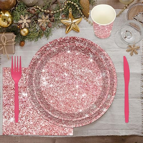 Miniatura 6 de Juego de vajilla de 144 piezas de platos y servilletas de oro rosa, suministros de fiesta de cumpleaños de oro rosa, platos de papel con purpurina