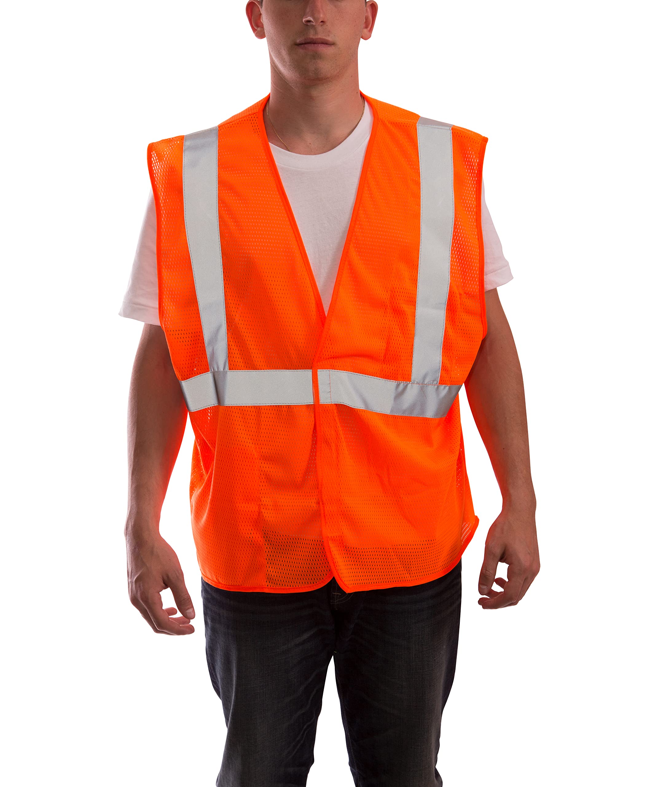 Job Sight Safety Vest, ANSI 107 Class 2, Fluorescent Orange Mesh, Velcro Closure, XXL/XXXL