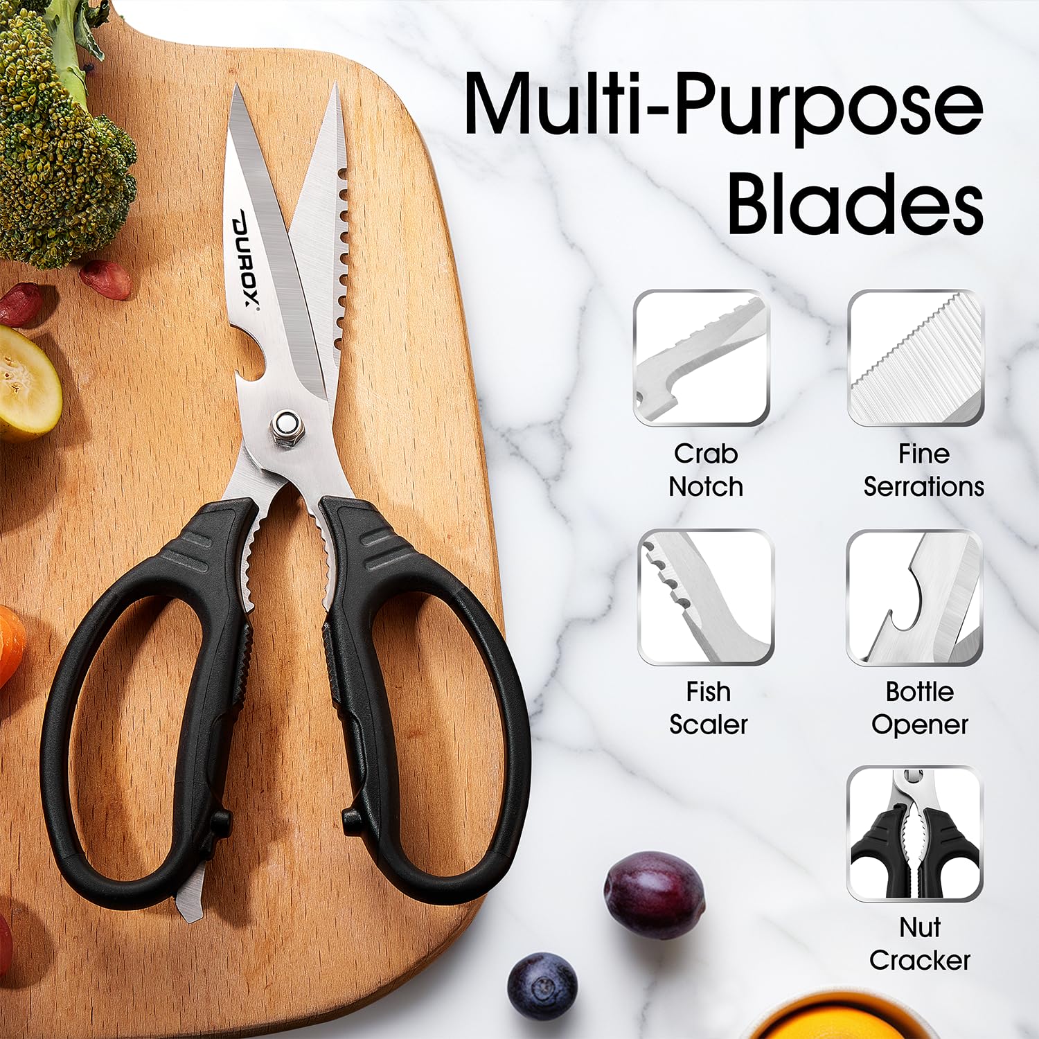 DUROX Forbici da cucina in acciaio inox multifunzione con affilatore smontabili