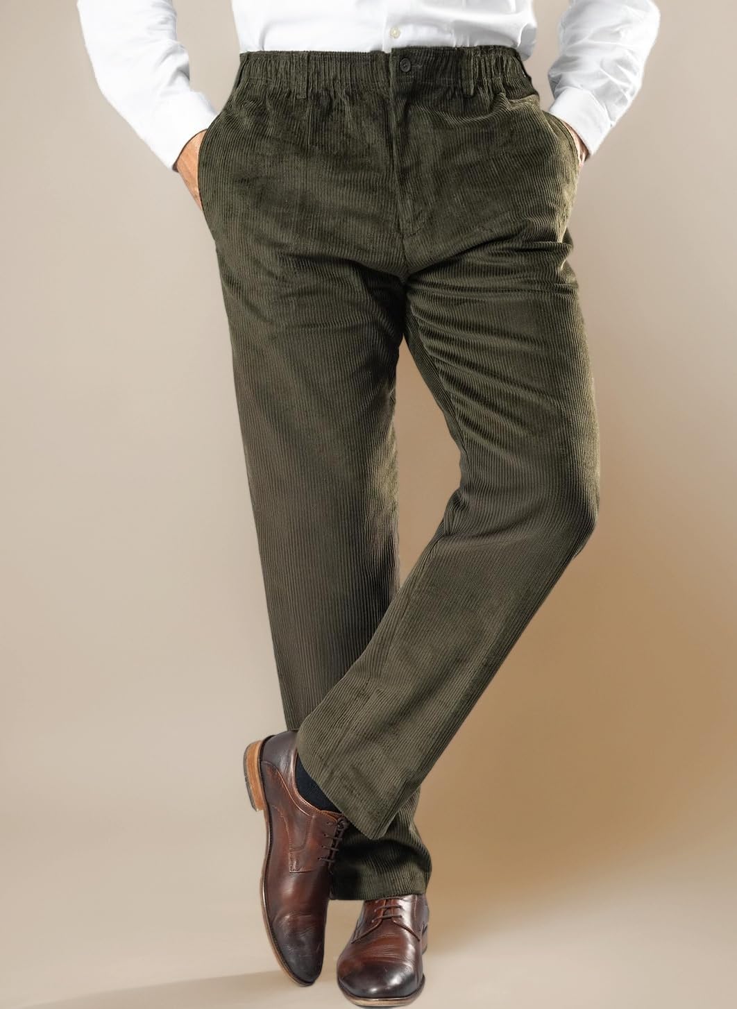 Mens Full Elasticated Pull On Corduroy Trousers with Drawstring and Button Fastening Waist Upto 50"