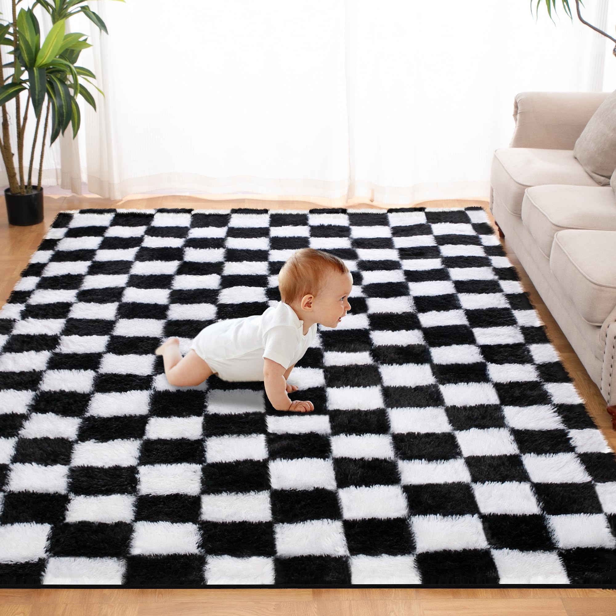 Area Rugs for Bedroom 4X6, Checkered Soft Plush Fluffy Living Room Rug Non-Slip, Machine Washable High Pile Shag Carpet for Nursery, Kids Room, Dorm, Apartment, Home Decor Aesthetic, Black and White