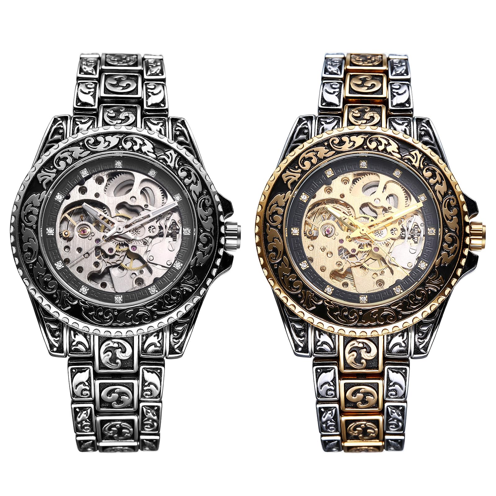 JewelryWe Zegarek męski w stylu vintage, szkielet: 2 sztuki, 36 godzin, rezerwa biegów, automatyczny, mechaniczny, ze stali nierdzewnej, automatyczny zegarek ze świecącymi wskazówkami, skala