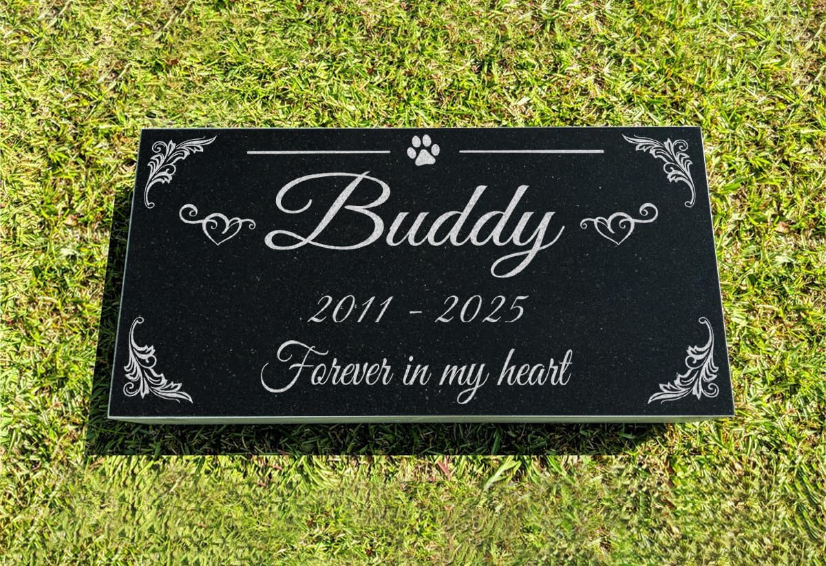 A Personalized Memorial Stone Made of Black Granite That Will Remind You of Your Beloved Pets. Paw and Stars