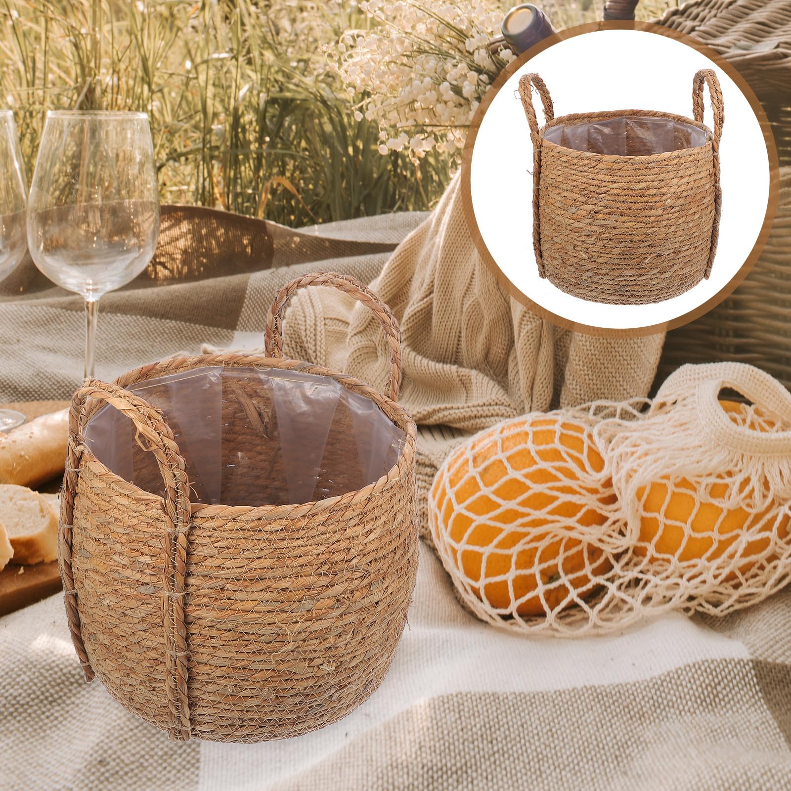 Panier à Plantes Tressé en Jonc de Mer Poignées, Utilisable comme Jardinière D’Intérieur et Panier de Rangement Petit Format