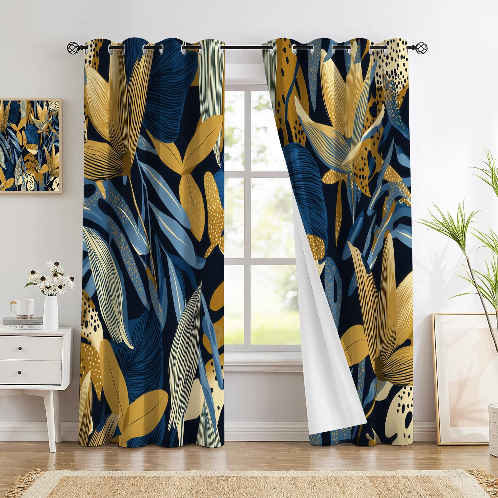Rideau occultant plantes tropicales bleu marine et jaune moutarde 117x183cm