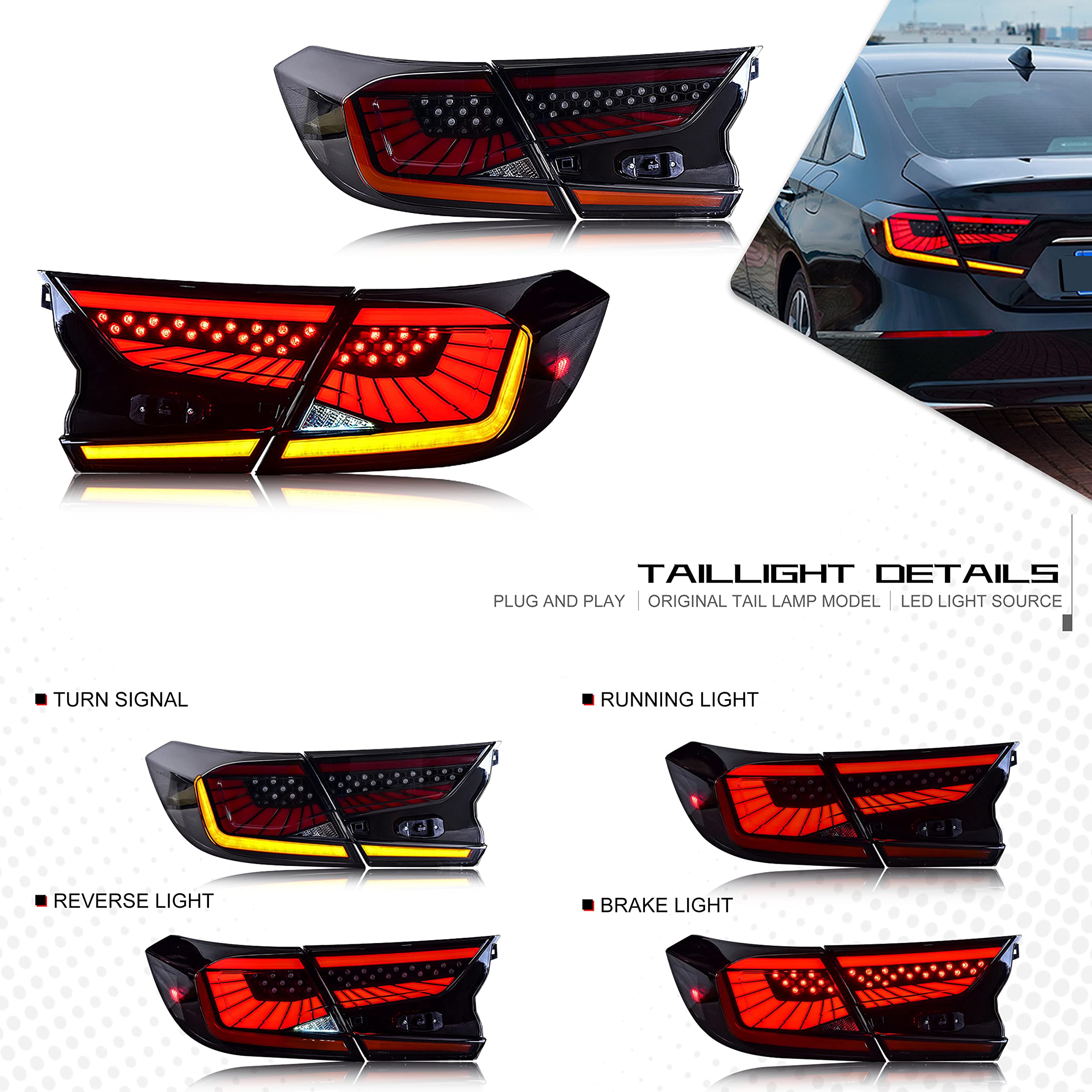 inginuity time LED Tail Lights For Honda Accord 10th Gen 2018 2019 2020 2021 2022 Animation DRL Sequential Indicator Rear Lamp Assembly (Starry Blackout)