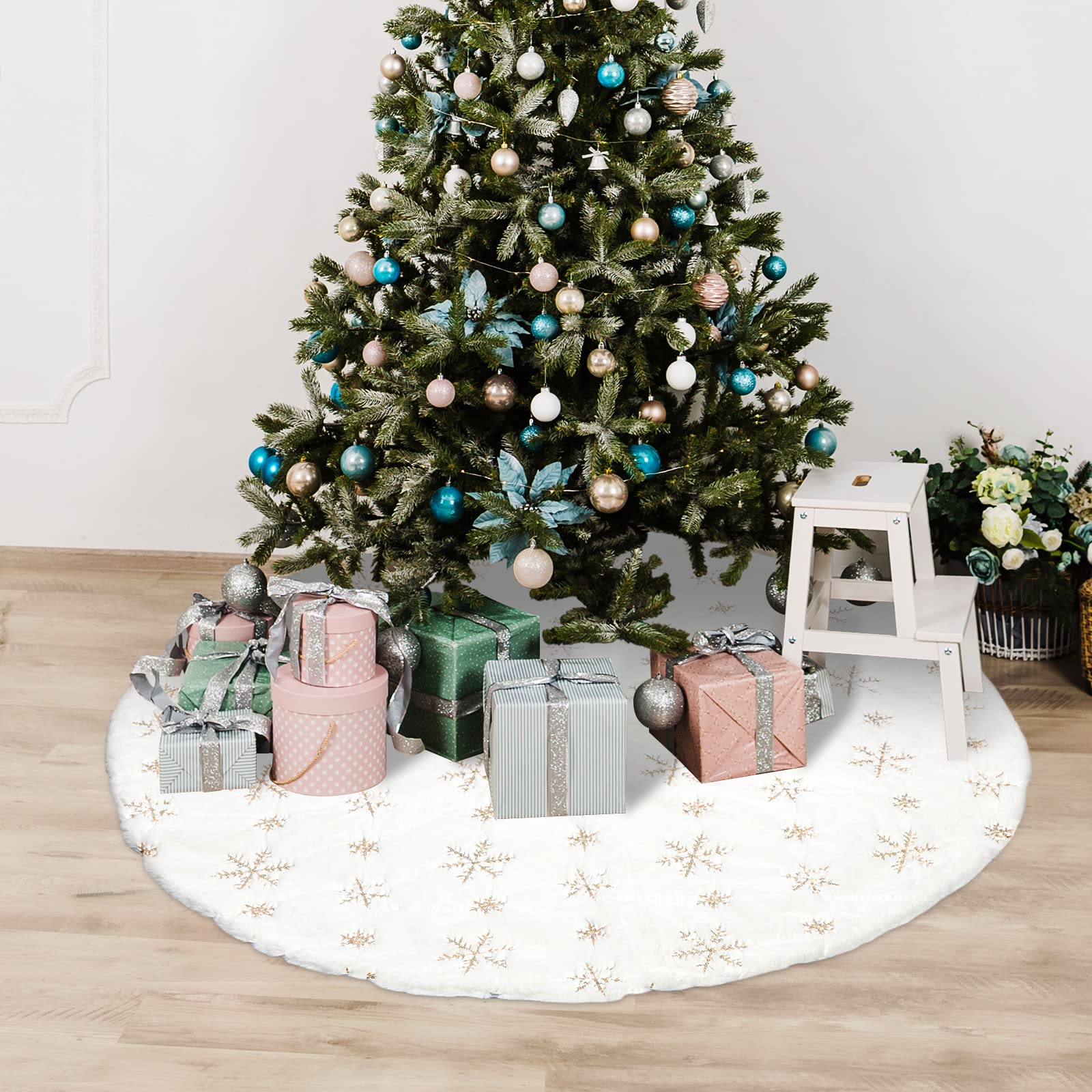 Gonna Per Albero Di Natale 90 Cm Riutilizzabile | Tappeto Rotondo Con Motivo Fiocchi Di Neve | Base Decorativa Per Feste Natalizie