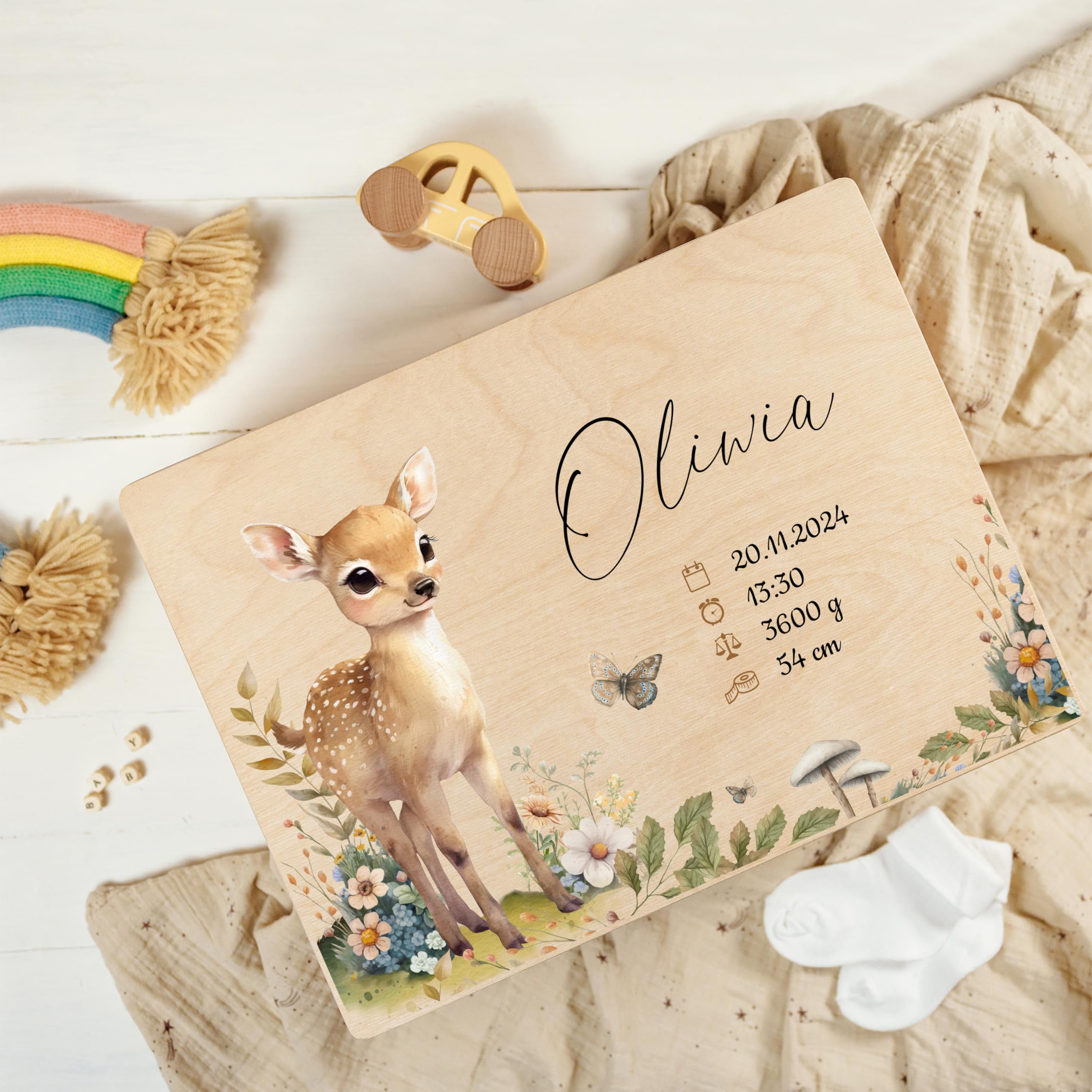 Creative Deco Boîte à Souvenirs Bébé Personnalisé avec Prénom - Animaux de la Forêt | 40 x 30 x 14 cm | Cadeau Boîte à Souvenirs pour Une Naissance pour Fille et Garçon | Boite en Bois avec Couvercle