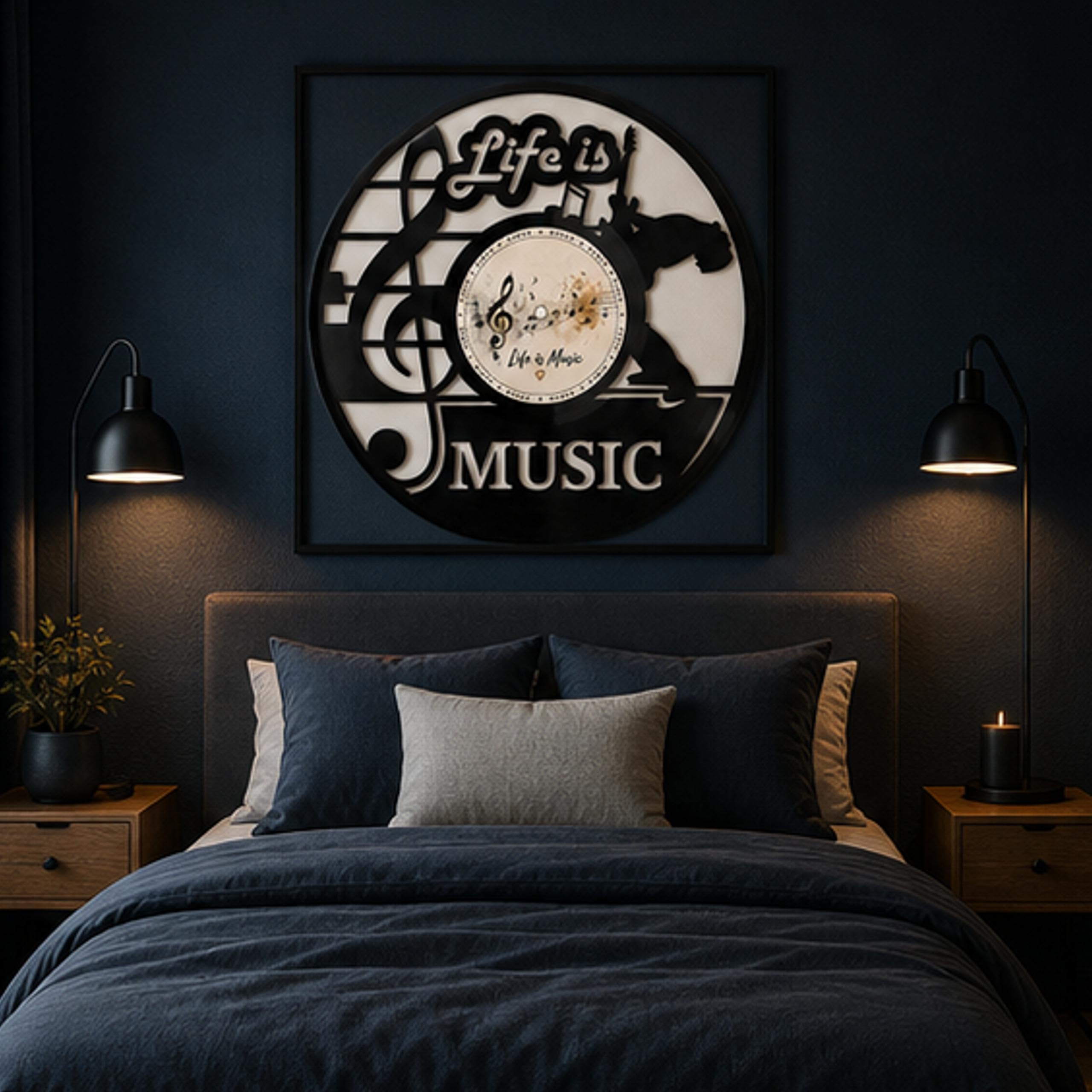 EVEVO Decorazione da parete in vinile con cornice, 32 x 32 cm, Life is Music, decorazione da parete in vinile, regalo per musicisti, amanti della musica e audiofili