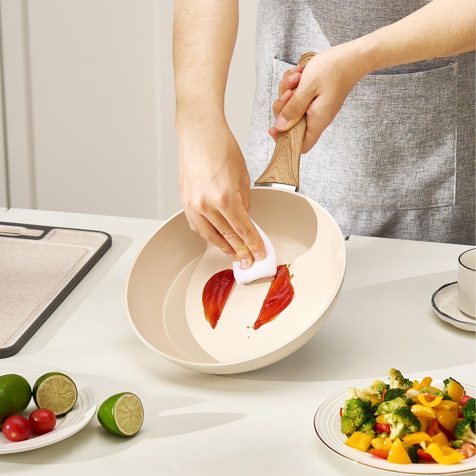 VEVOR Sartén de Aluminio para Huevos, 3 uds 200, 240 y 280 mm, Antiadherente, de Cerámica Resistente con Mango Resistente al Calor, Ideal para Cocina de Chef, Gas, Eléctrica e Inducción, Beige