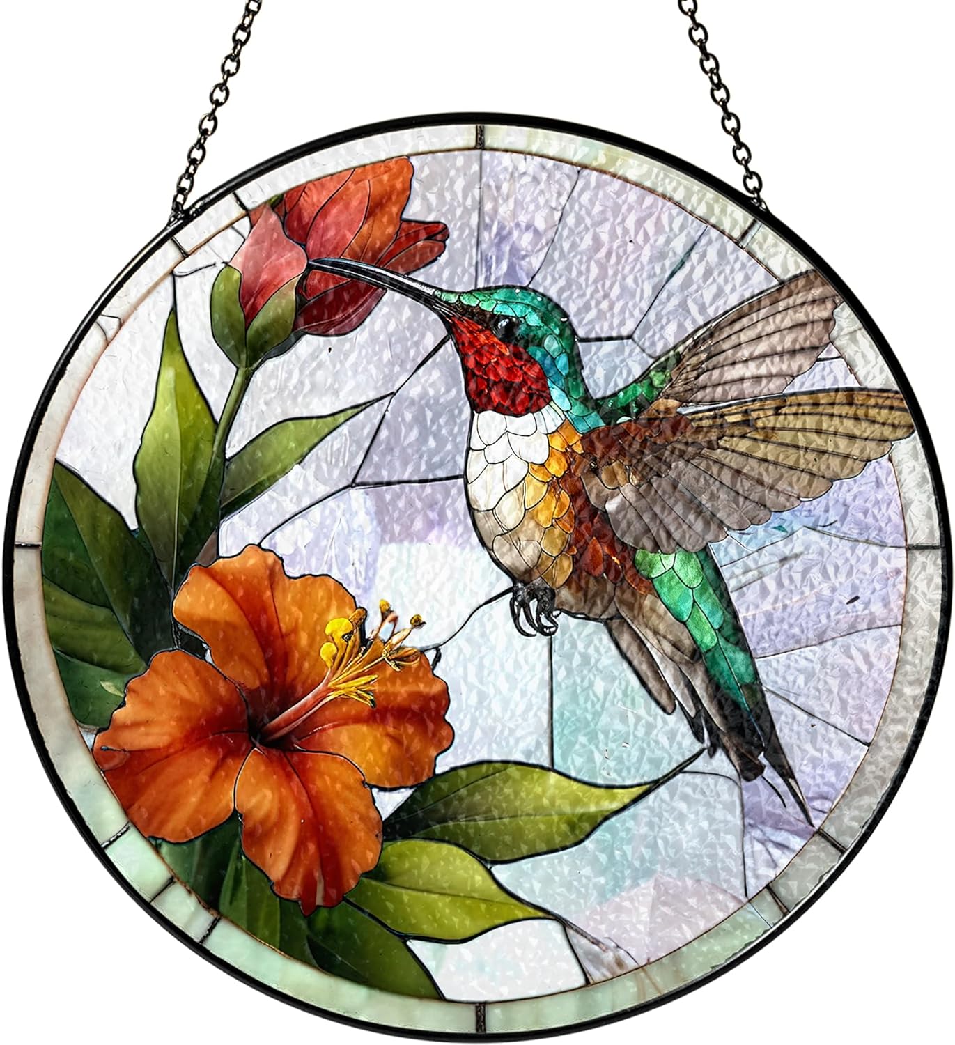 7.8" Green Hummingbird Stained Glass Suncatchers Art Glass Bird and Flowers for Sun Catcher Indoor Window Gift for Pet Animal Nature Floral Lovers Women Mom Friend Painted Panel Décor BIRD-01B-SG8