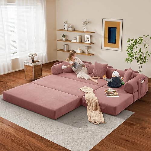 Modular L Shaped Sofa Bed with Cylindrical Pillow & Reversible Chaise, Corduroy Convertible Floor Boneless Sofa Couch Bed with Fixed-Shape Frame & Storage Pocket for Living Room, Pink