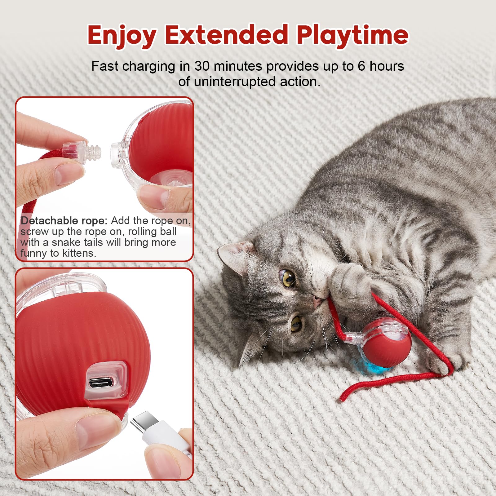 Interactive Dog & Cat Electric Active Toys, Smart Rolling Ball for Dogs & Cats, 360° Smart Automatic Rolling Pet Ball, Fast Moving Toy for Bored Indoor Kitty, Rechargeable(Red) - image 5