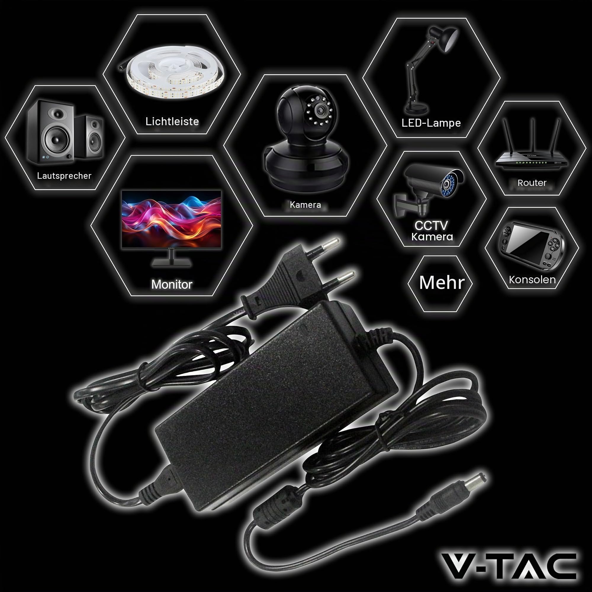 V-TAC Netzteil Adapter 12V 78W 6,5A für Kameras, LED-Streifen, Modem - Transformator 12V - Netzadapter für Bildschirme und Elektronische Geräte - Eingang AC 100-240V - Euro Stecker