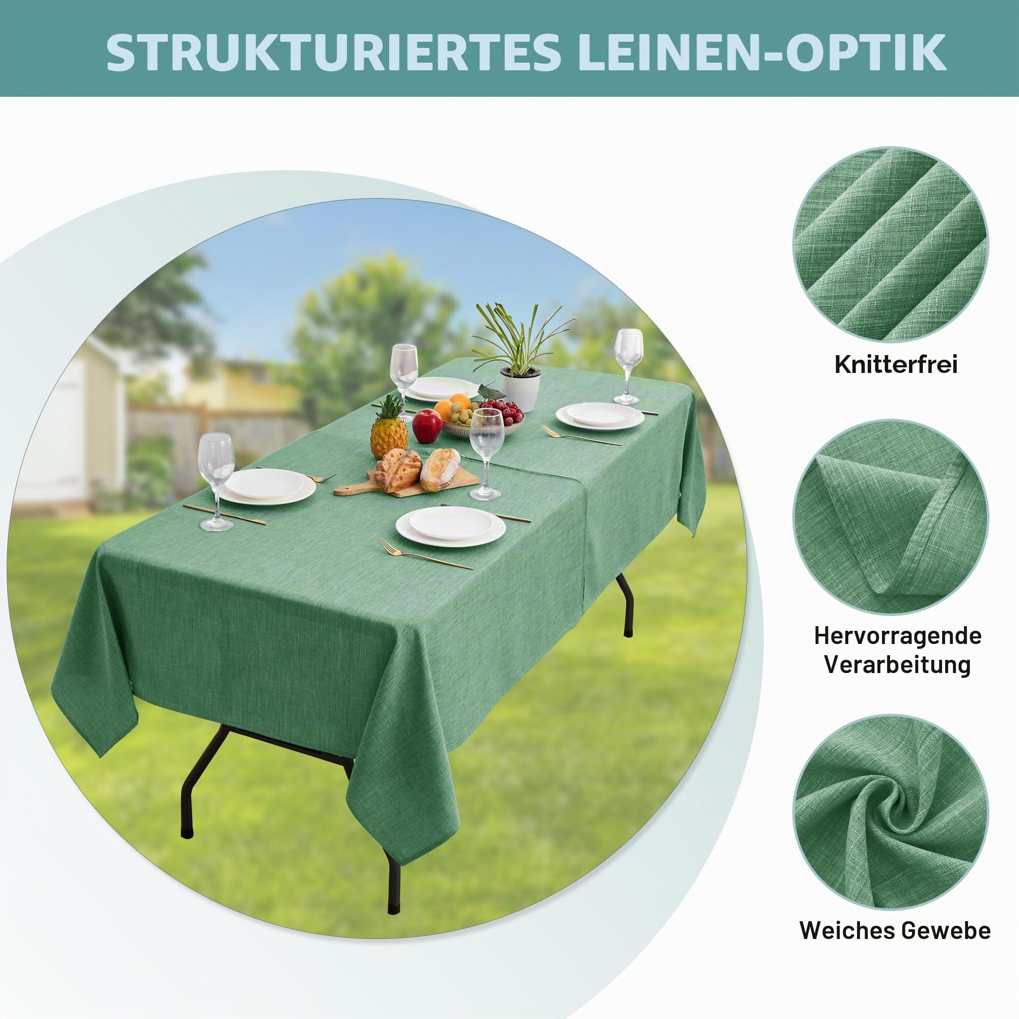 LUSHVIDA Outdoor-Tischdecke mit Schirmloch, Terrassentischdecke mit Reißverschluss, rechteckig, 152,4 x 213,3 cm, salbeigrün, Kunstleinen, Tischdecke, wasserabweisend, für Picknick im Freien