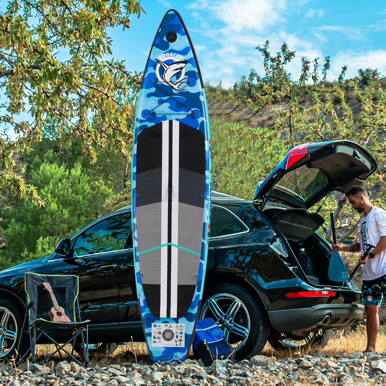 Stand up paddle gonfiabile, sedile per kayak e supporto per fotocamera, pagaia 2 in 1, 330 x 76 x 15 cm, fino a 150 kg, pompa con cinghia da piede, zaino