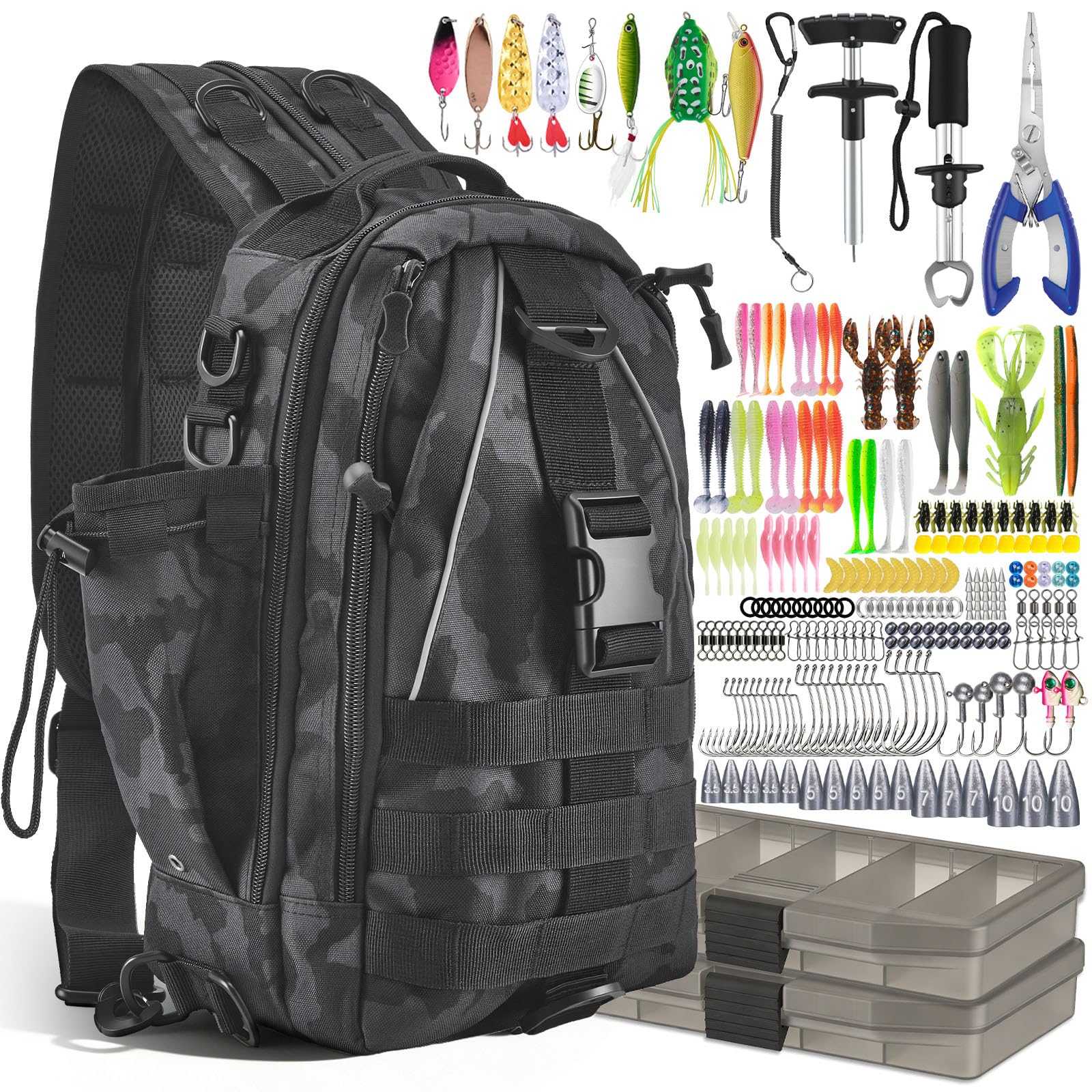 209-teiliges Angelset Komplett, 40L Liter Wasserdichter Angelrucksack mit Boxen, Angelzange, Hakenentferner für Angeln,Camping,Wandern,Angeln, Köderboxen & mehr – Für Süß und Salzwasser